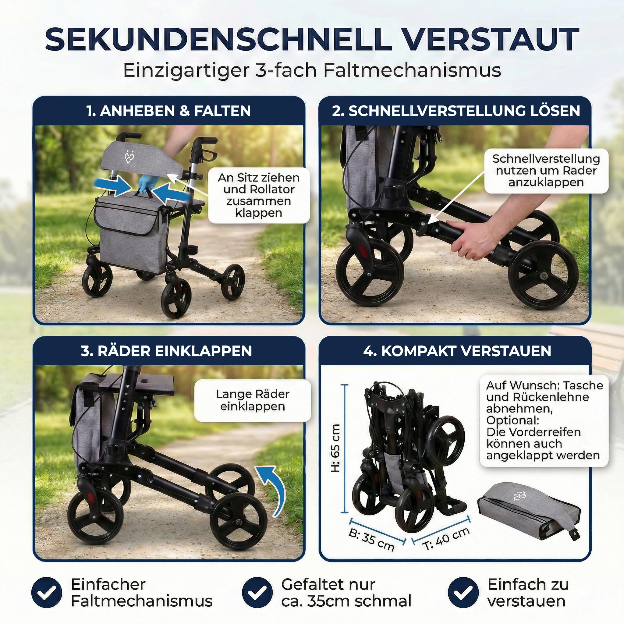 Rollator - 3-fach faltbar und leicht mit Sitz und All Gelände Reifen, schmaler 7,2kg Reiserollator zum Klappen für Senioren