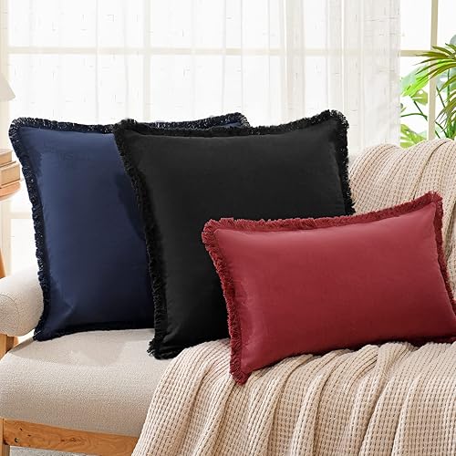 Miniatura 3 de ZWJD Juego de 2 fundas de almohada de 26 x 26 pulgadas, color negro, con flecos, de algodón, decorativas, cuadradas, para sofá, cama, sala de estar,