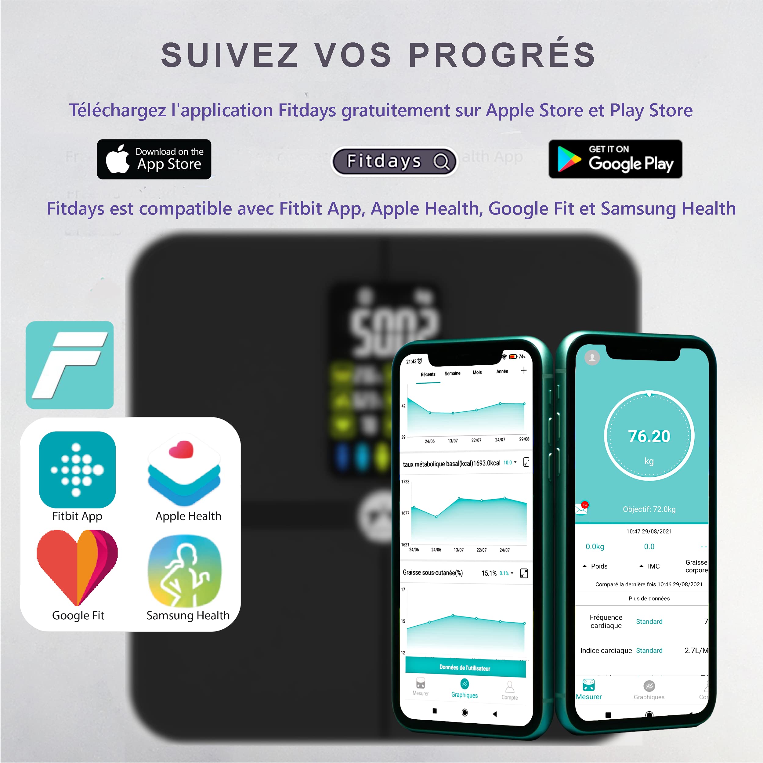 Bilancia connessa, pesa persona impedenzimetro con un grande display LCD integrato, connessione bluetooth, analisi del peso grazie a 15 dati, BMI, battito cardiaco, grasso corporeo, ... batterie