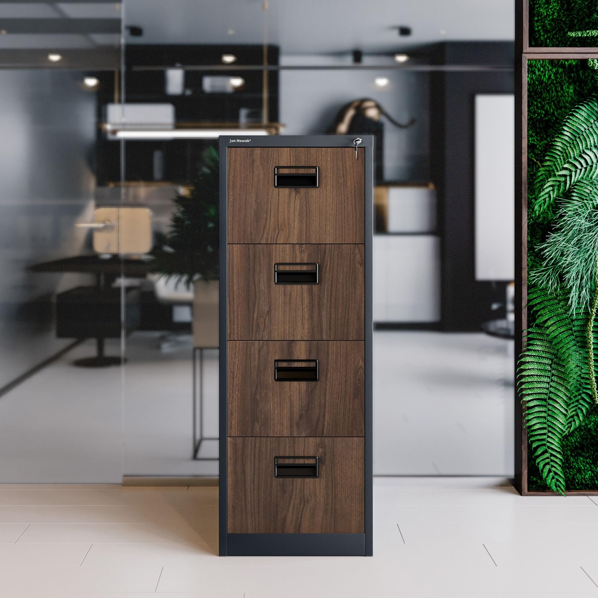 Jan Nowak Hängeregistraturschrank V004A Hängemappenschrank Büroschrank Stahlschrank Aktenschrank mit 4 Schubladen Pulverbeschichtung Stahlblech 132 x 46 x 62 cm (H x B x T) (Anthrazit/Holzoptik)