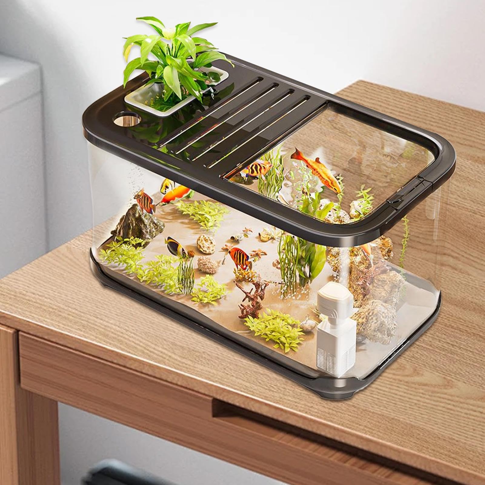 Starter kit per acquario con fori di ventilazione, kit di installazione per acquario, con scale, habitat acquatico per tartarughe, gamberetti, decorazione per piante, ghiaia, sabbia, acqua salata