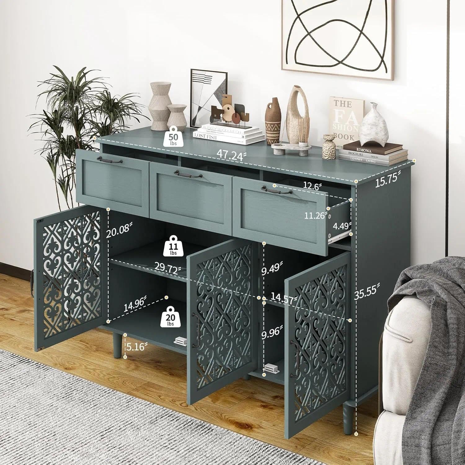 Green 3-Drawer 2-Rack Sideboard, Accent Cabinet with Adjustable Shelves, 47-inch Storage Cabinet, Dining Room, Living Room, Kitchen, Entrance