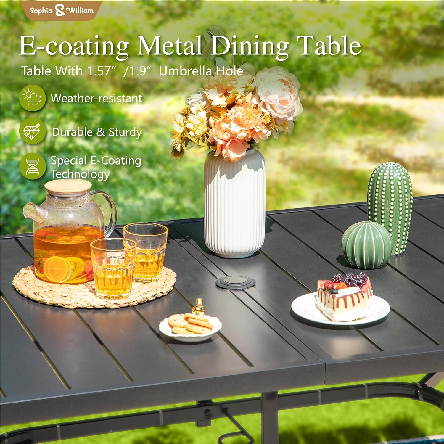 Sophia & William Patio Dining Set Outdoor Dining Set for 6 Patio Table and Chairs Set Patio Set with Fixed Patio Chairs and 59"x 35" Metal Table for Lawn Garden Pool All Weather Brown