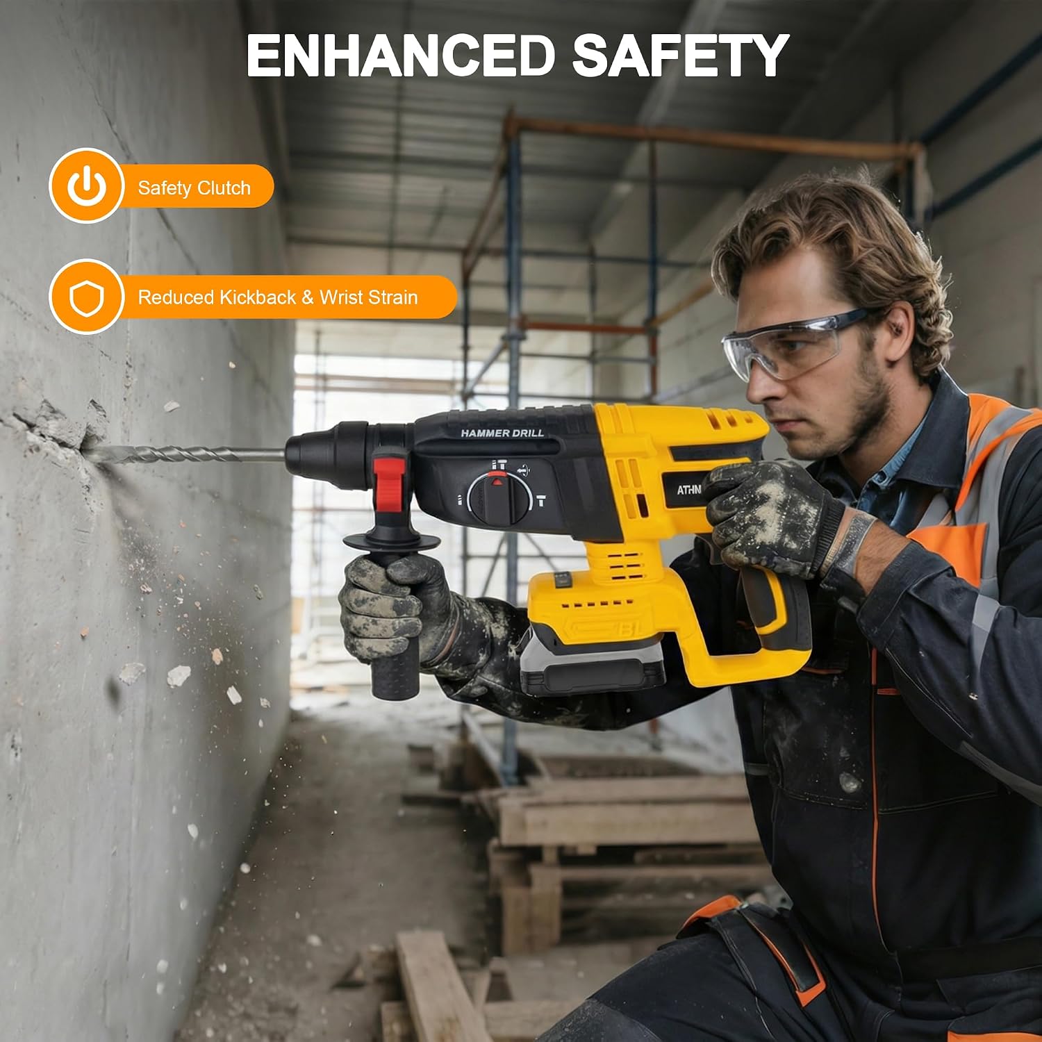 1" SDS-Plus Brushless Cordless Rotary Hammer Drill, for Dewalt 20V Battery | 3.0J 4 Functions Variable Speed with Safety Clutch, Concrete Demolition Tool Kit (Battery Not Included)