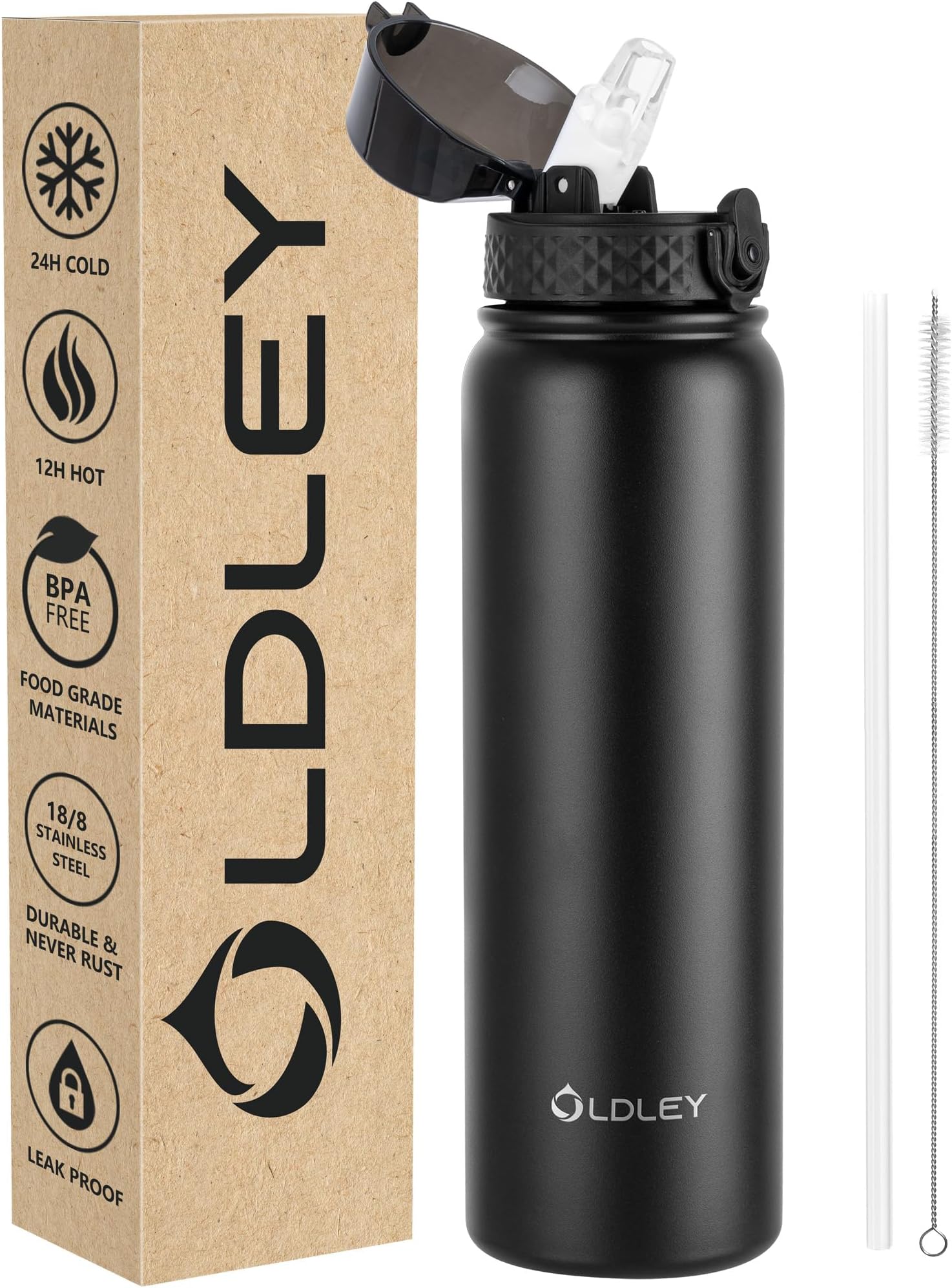 OLDLEY Stainless Steel Water Bottle with Straw 1L Vaccum Insulated Large Drink Flask Metal Water Bottles 1 Litre Leakproof Keep Drinks Hot Cold for Bike Sports Gym Adult Women Men(Black,1 Lid)
