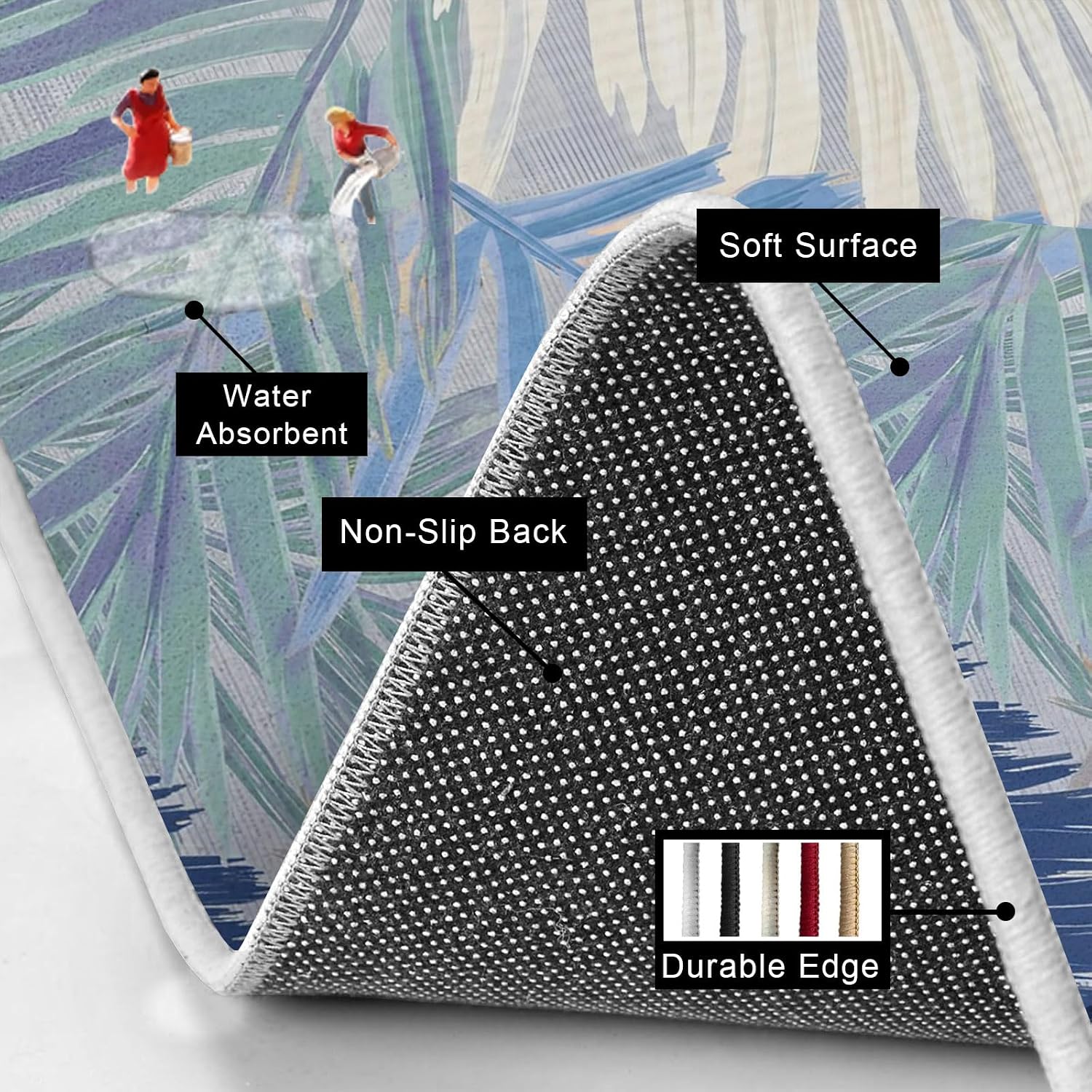 Blue Grey Palm Leaves Kitchen Mats Set of 2 Summer Tropical Botanical Coastal Non Slip Mat Washable Floor Rug for Kitchen Sink Floor Laundry, 19.7"x31.5"+19.7"x63"