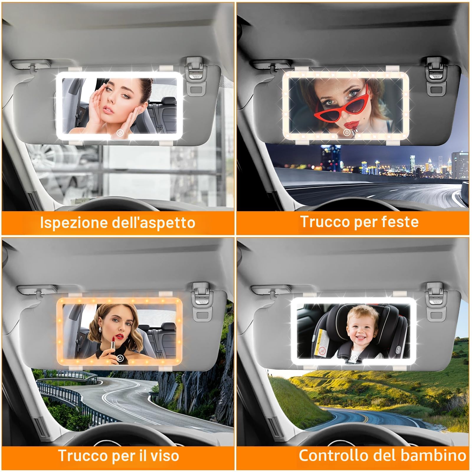 Pavlleen Specchio Auto LED,Specchio Trucco con Luci per Auto,3 modalità di illuminazione,regolabile Illuminato,USB ricaricabile,pulsantiera touch,Blanco