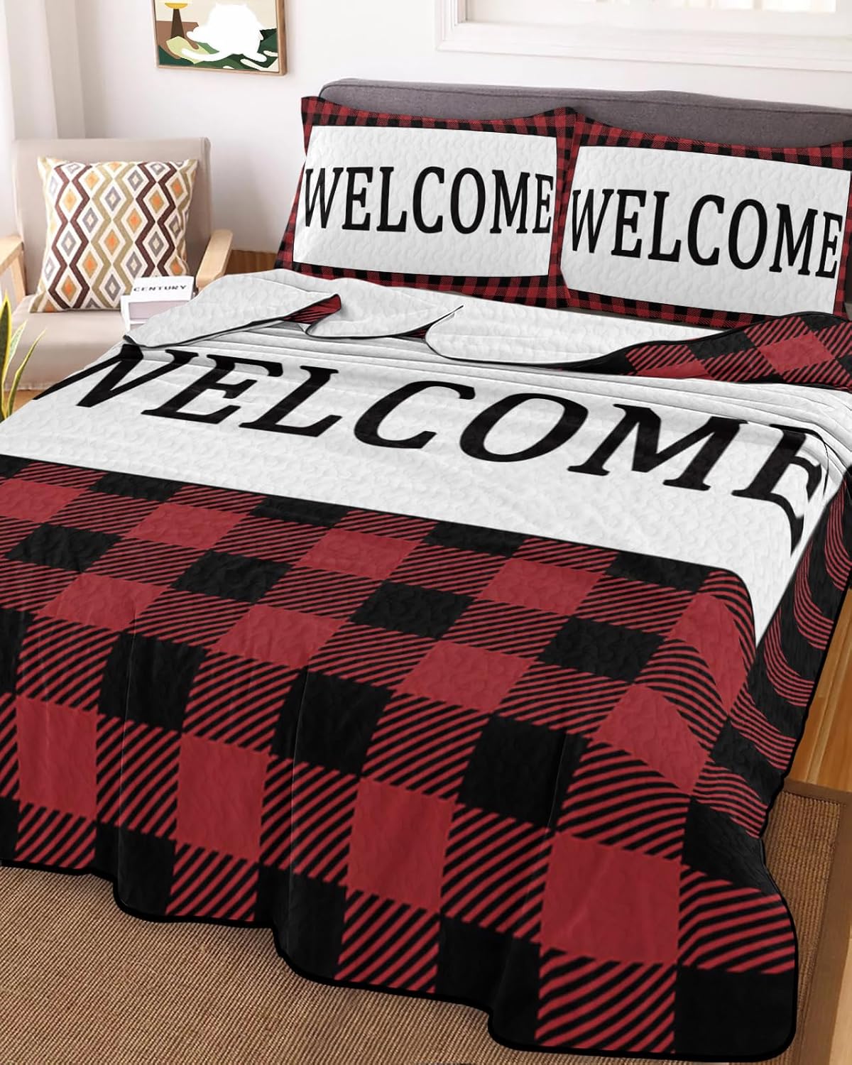 King Size Quilt Set, Minimalist Welcome Text Lightweight Bedspread Coverlet Set Soft Microfiber Summer Quilt with 2 Pillow Shams, Red Black Buffalo Check 3 Piece Comforter Bedding Set