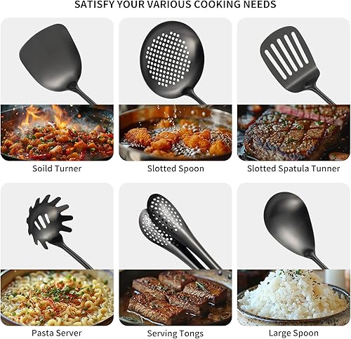 Miniatura 3 de Juego de utensilios de cocina de acero inoxidable 304 mate, 11 piezas de utensilios de cocina de metal largo con espátula, cucharón, cucharón,