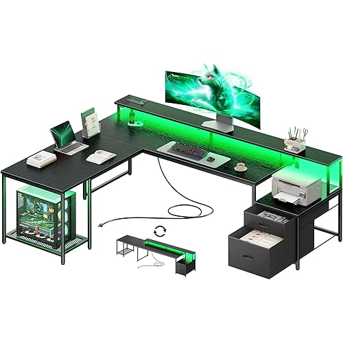 PRAISUN 66 Inch L Shaped Computer Desk with Power Outlets and LED Lights, Home Office Desk with Fabric Drawers and Print Stand, L Shape or Long Set up, Monitor Stand, Mesh CPU Stand, Black