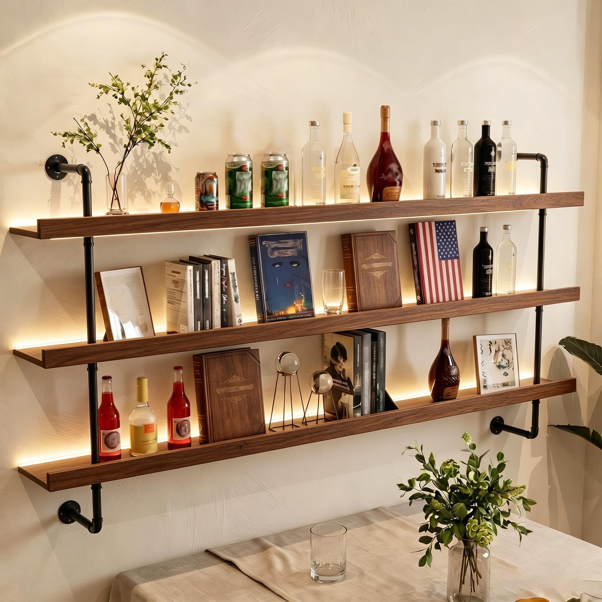 FKKPRVAX 3-Tier Large Wall-Mounted Wine Rack with LED Light, Industrial Style Floating Solid Wood Bottle Rack, Liquor Bottles Shelves Display Storage Organizer for Bars and Restaurants, Home(100CM)