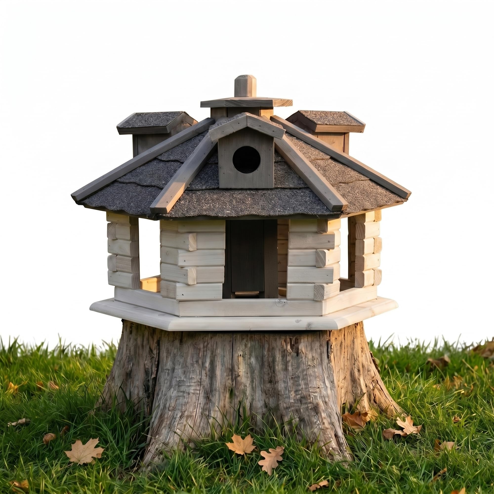 Mucola Vogelfutterhaus Vogelhaus 6-eckig mit Futtersilo 48 cm Weiß Grau | Wetterfest für ganzjährige Fütterung, Montage an Baum, Pfosten oder Wand, für Meisen, Finken und Spatzen, leicht zu reinigen