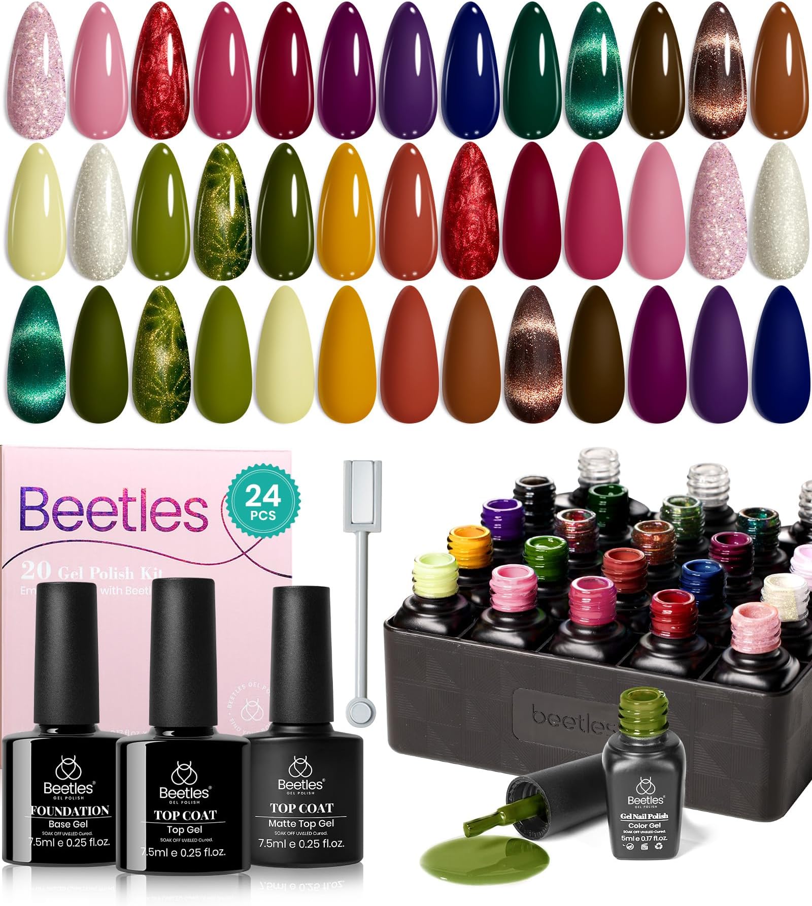 Beetles Cat Eye Gel Nail Polish Set - 20 Colors Gel Polish Nail Set Burgundy Brown Green Nail Polish Glitter Pearl Nail Manicure with Base Coat Matte&Top Coat Soak off Gift for Women