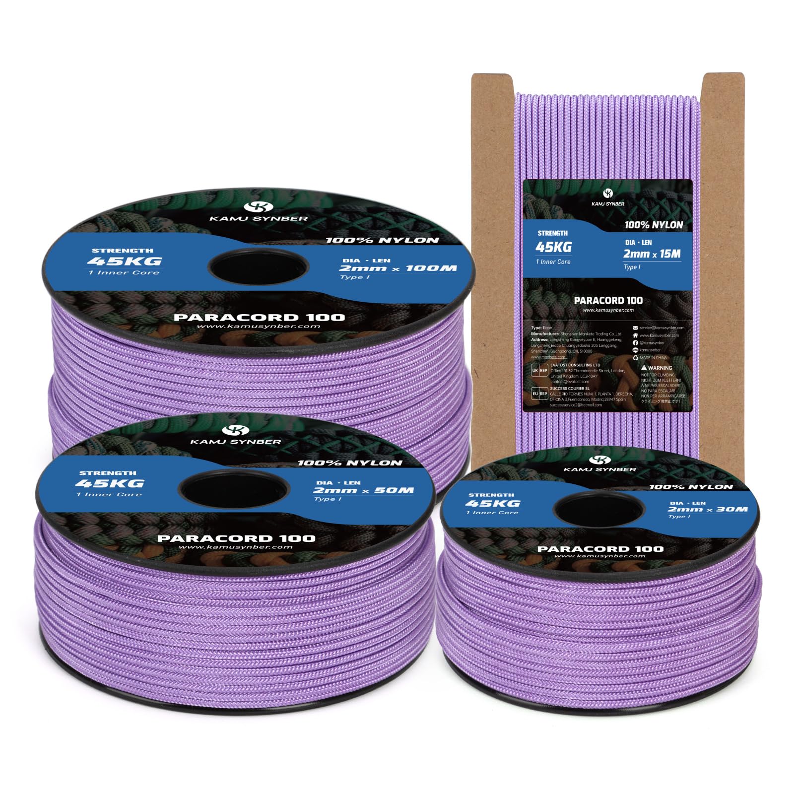 Kamu Synber 2mm Paracord 50M 100% Nylon Rope 1 Strand Type I Parachute Cord for Crafting, Outdoor, DIY, Camping | Support 45kg | Lilac