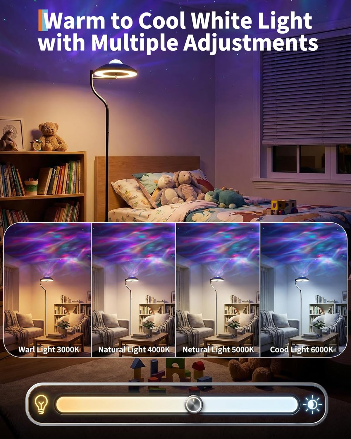 Garvee 3-in-1 Floor Lamp, Cycle Color Transition Ambient LED, Ripple Water Light and Star Projector w/ 350° Rotating Design, Magnetic Remote Control, Timer for Bedroom Living Room