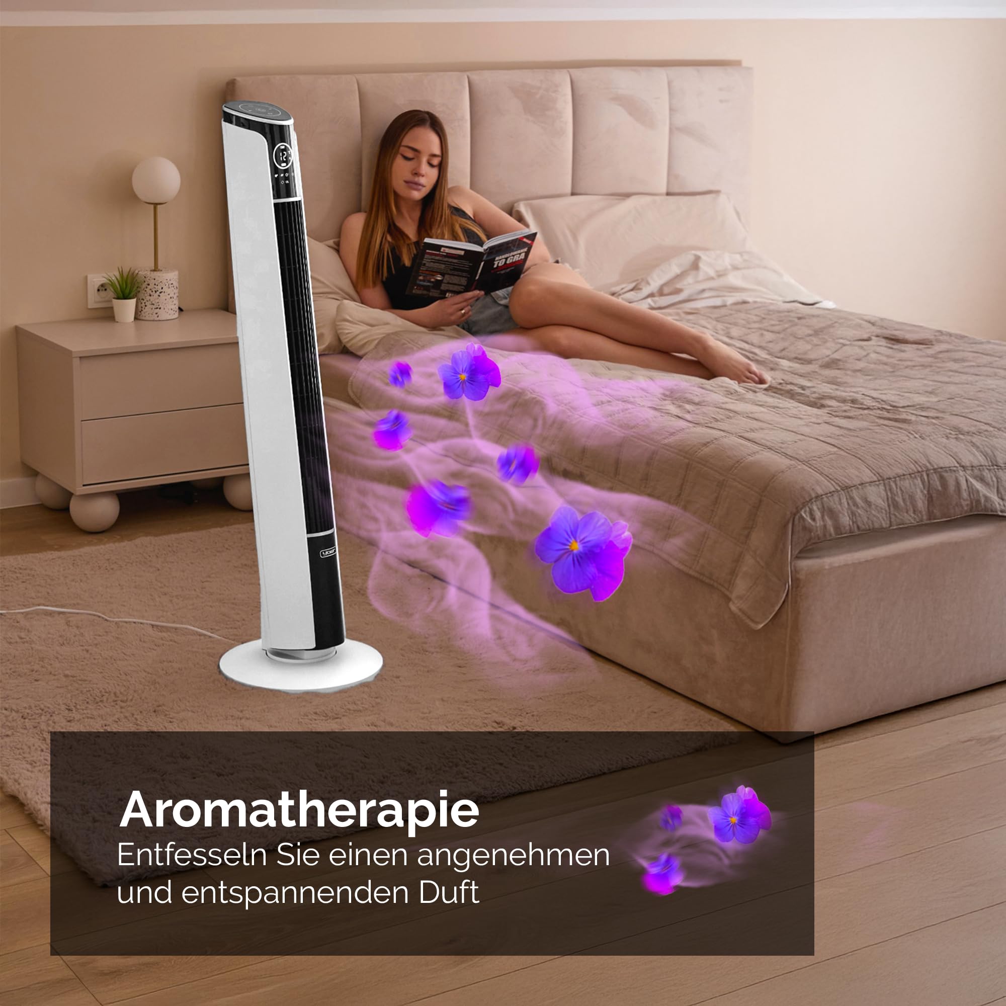 Yoer 29dB Leiser Turmventilator, Ionisator, 10 m Reichweite, Neigungswinkeleinstellung, 12 Geschwindigstufen, 4 Modi, 12 Std. Timer, 90° Oszillation, Fernbedienung, Verto TF01W, weiß
