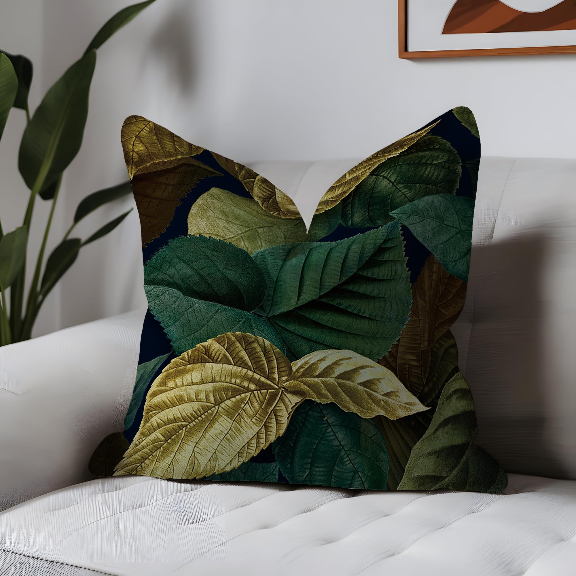 ggaimwf Set of 2 Cushion Cover Leaf Green Yellow Leaves Plant Theme Vintage Fine Linen Look Cushion Cover Throw Pillow Cases Square for Modern Living Room Bedroom Couch Outside Seat Office 45x45cm - Image 2