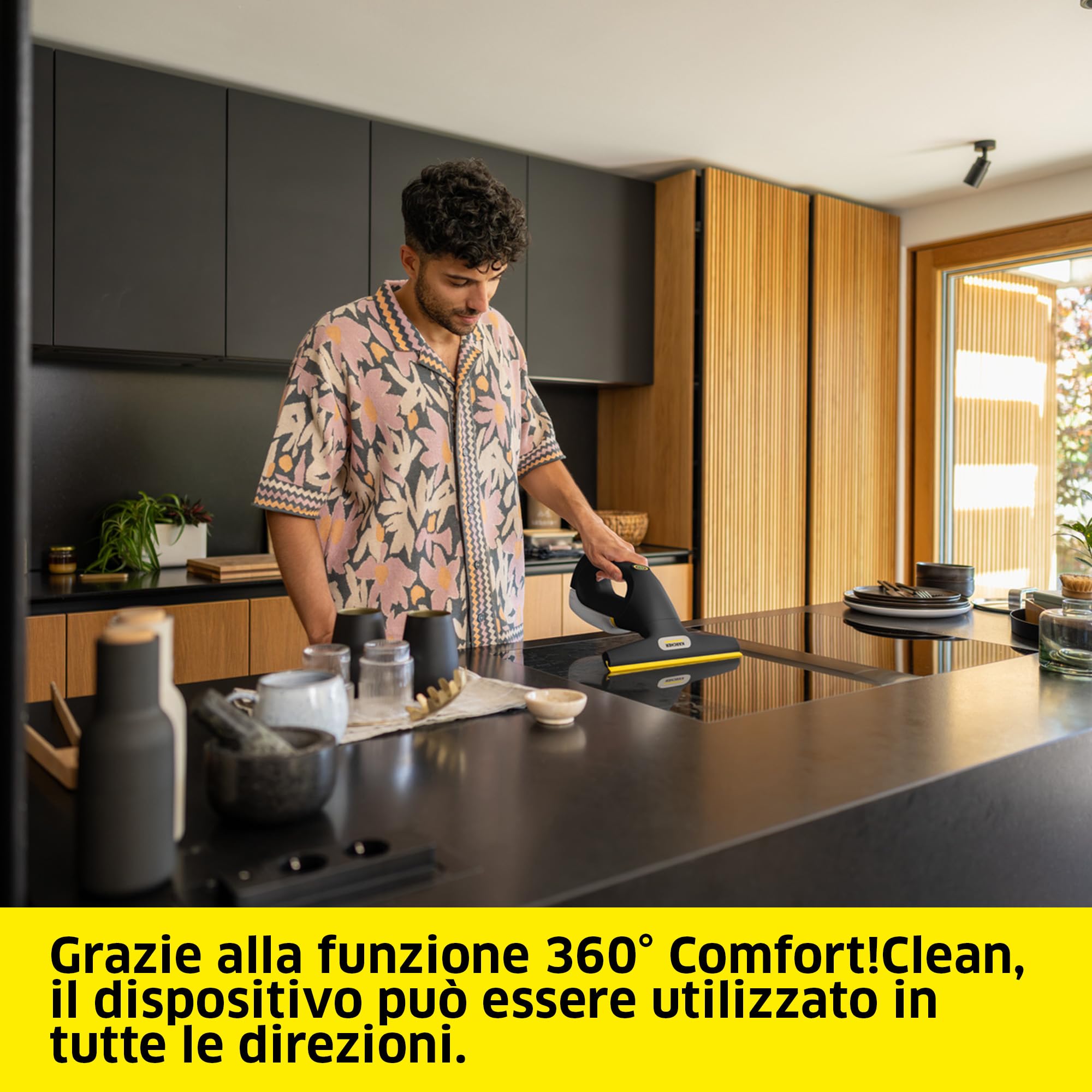 KÄRCHER lavavetri a batteria WV 3 Comfort Precision+ Black, autonomia: 35 min, serbatoio XXL: 200 ml, 2 labbra di aspirazione, flacone spray, gancio per doccia, 500 ml detergente per vetri
