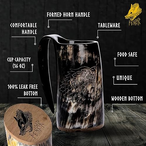 Miniatura 22 de FENRIR Juego de tazas de cuerno vikingo de 16 onzas – Regalos para hombres, papá, esposo – Regalo único vikingo – Taza de cuerno de buey real hecha
