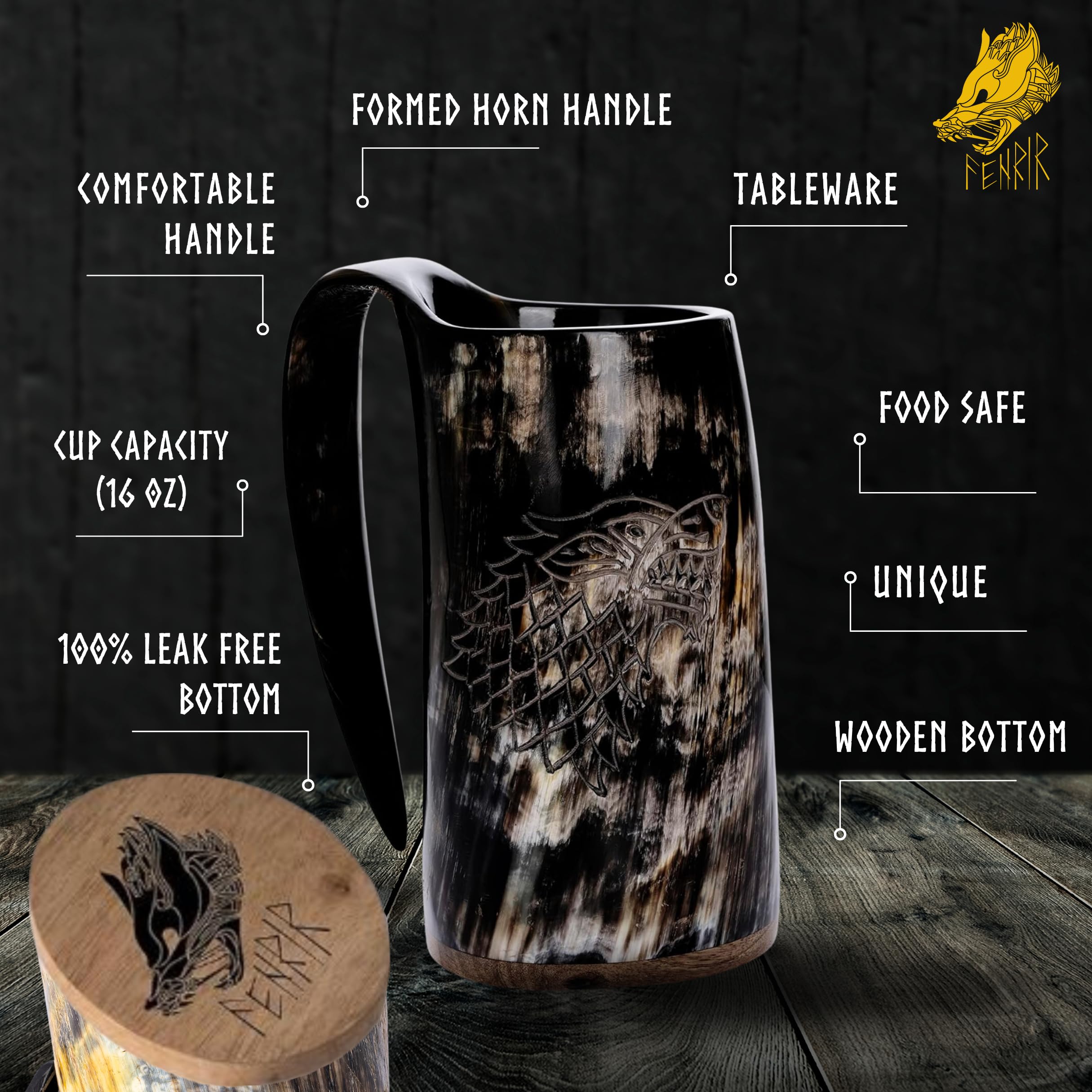Fenrir Premium Viking Wolf Natürliches Trinkhorn Becher mit kurzem Glas und Flaschenöffner für Ale Beer Kaltgetränke (473 ml) – 3-teiliges Set