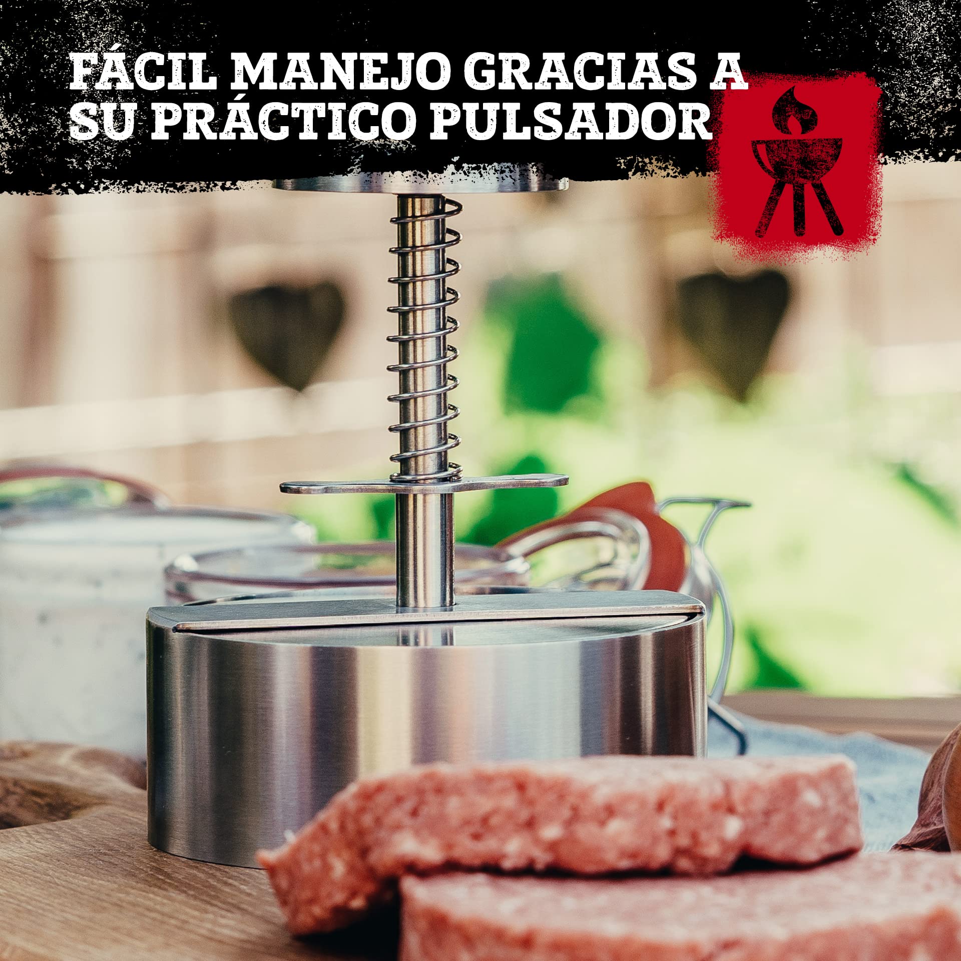 FM Professional Prensa Hamburguesas Profesional XXL Molde de gran tamaño en Acero Inoxidable para Carne, Pescado, Burger Vegana, Filetes Rusos Apta para lavavajillas, 14x11,5cm, 1 ud.