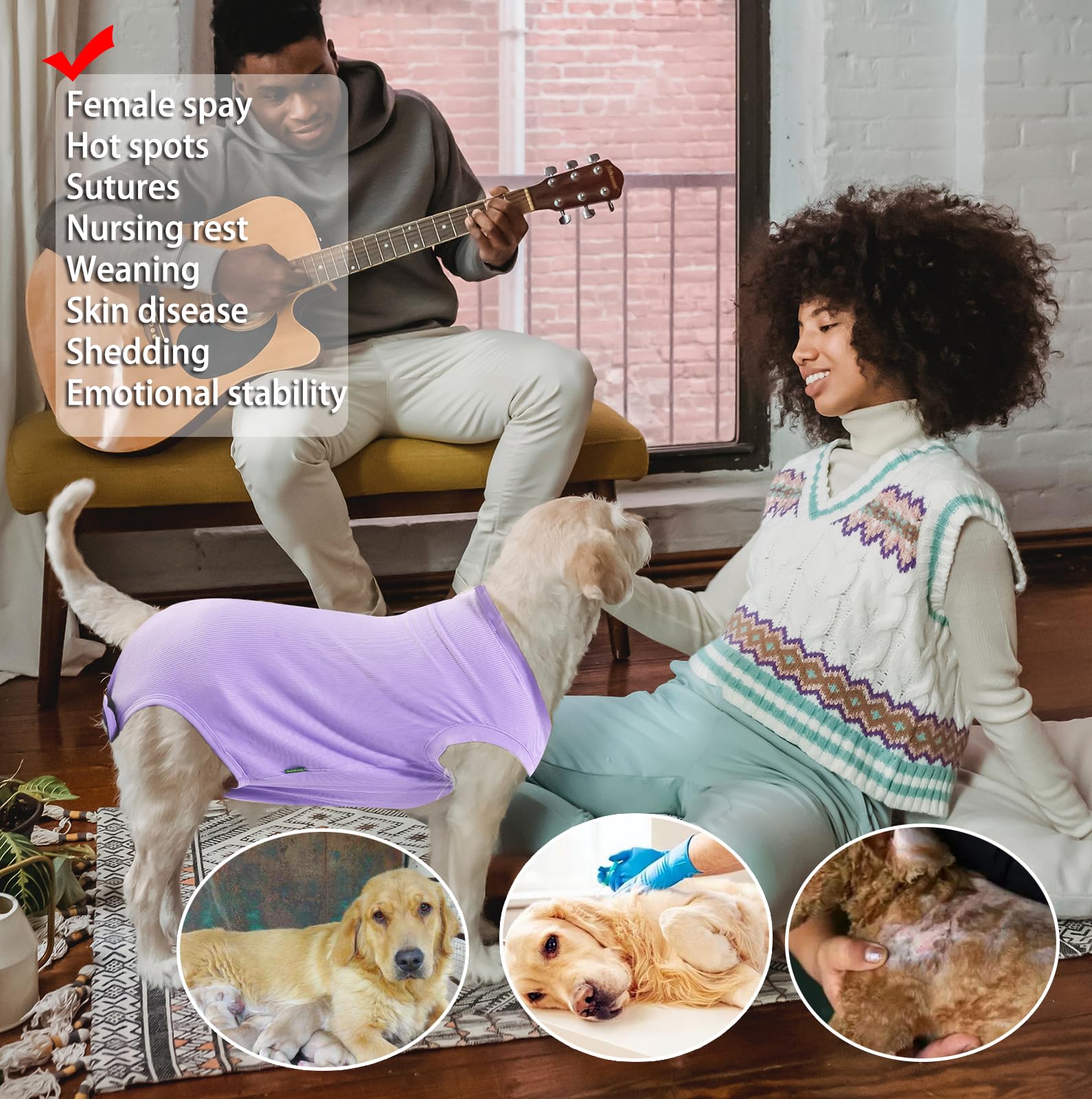 Sychien Dog Recovery Suit Female Spay Surgery Large Onesie, Zipper Closure Cotton Striped Wounds Protect Surgical Suit, Plain Purple L