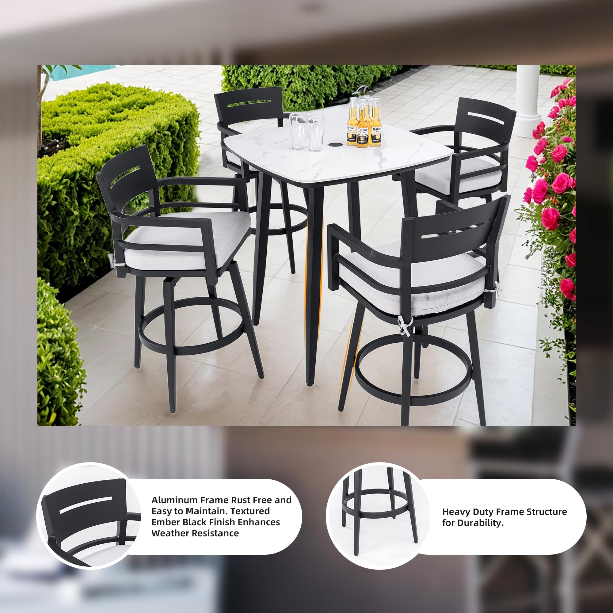 Condition photo showing New/Like New for outdoor swivel bar height stools set of 2, aluminum swivel bar chairs with 360° rotation, ergonomic backrest & armrests, patio dining chairs for porch or poolside, white