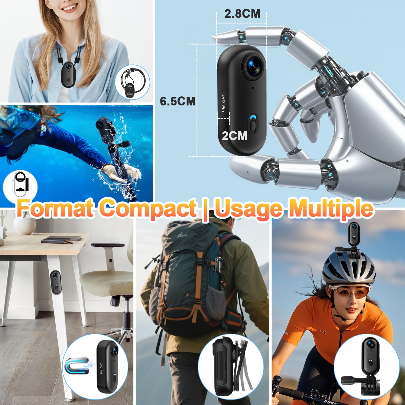 Mini Camera Sport 4K Avec Boîtier Étanche, Objectif Grand