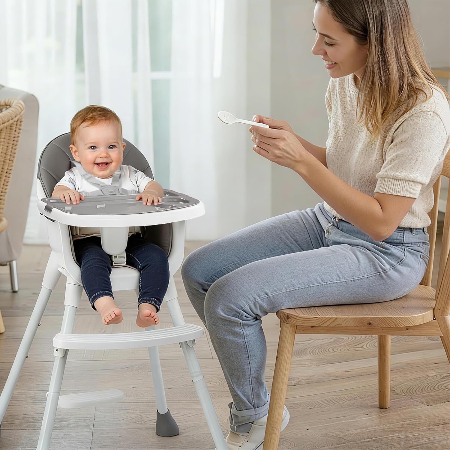 Ktaxon 3-in-1 Baby High Chair, Portable Adjustable Height Highchair with Removable Dual-Layer Tray, 5-Point Safety Harness and Footrest for Toddlers & Babies, Grey