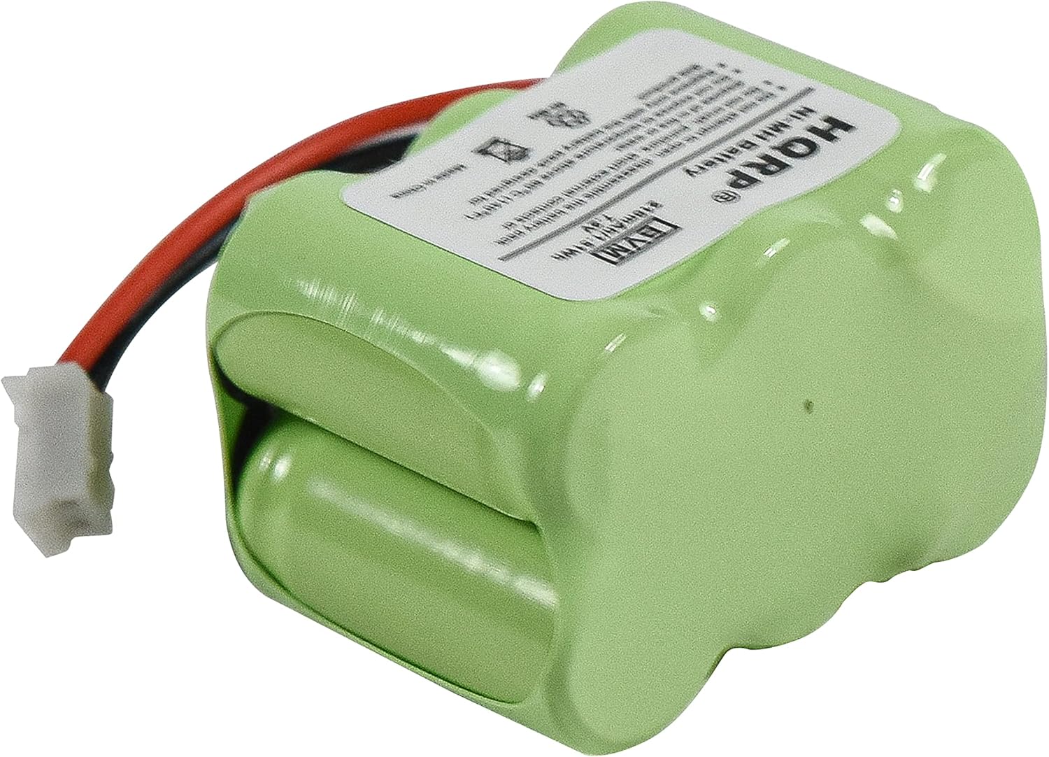 Close-up of the HQRP Ni-Mh battery showing its green casing and white connector with red and black wires.