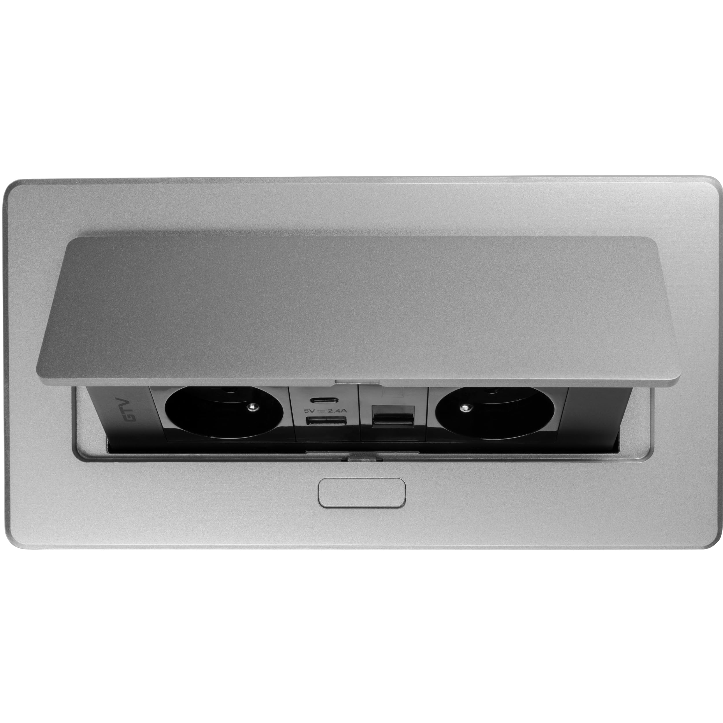 GTV – Presa da incasso MULTISOFT alluminio con 2 x Schuko, USB A+C, RJ45, retrattile con copertura, cavo da 1,5 m, ideale per scrivania, tavolo da conferenza o piano di lavoro della cucina
