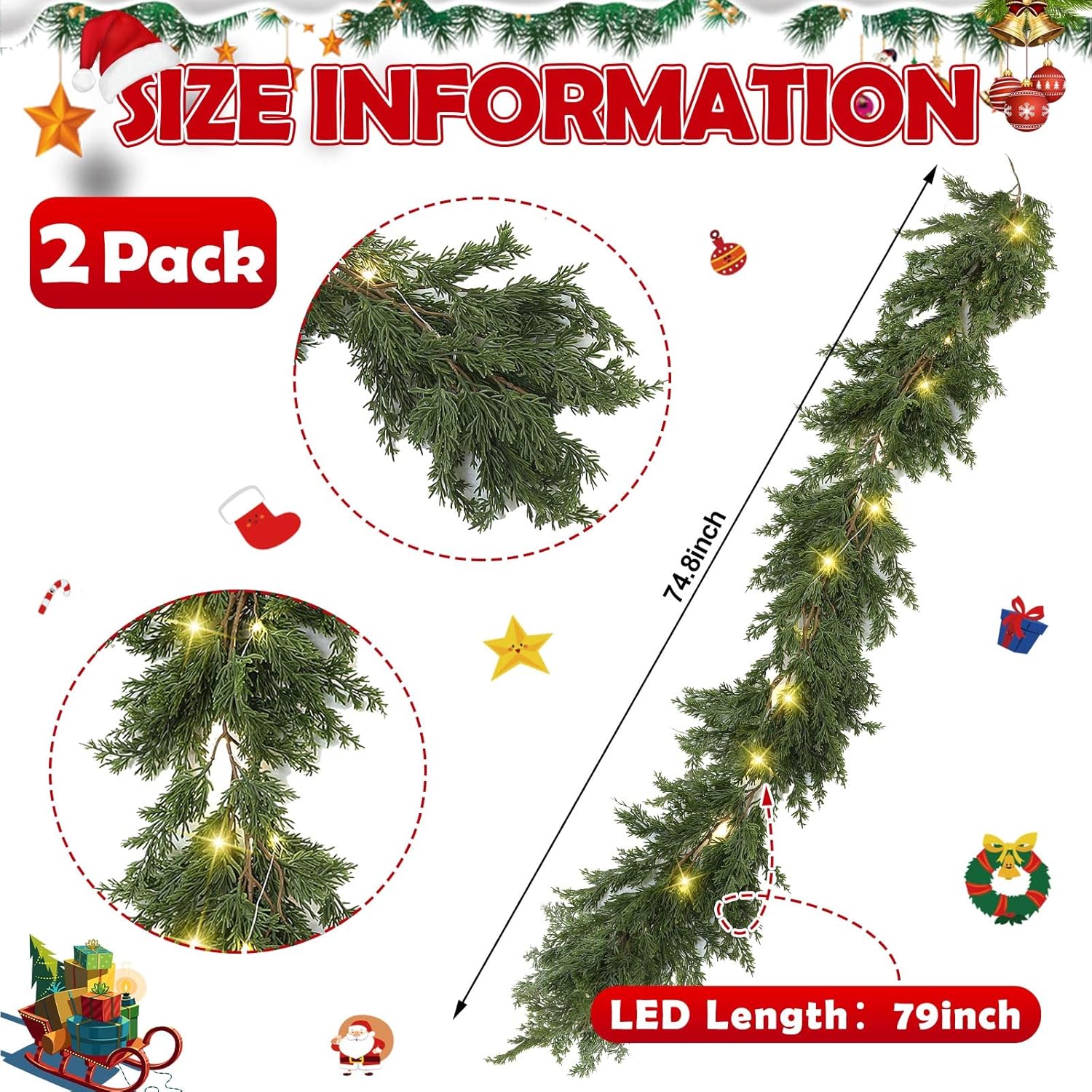 Jutom 2 Pack Christmas Cedar Garland with Lights Deluxe Advent Calendars Decor Garland Realistic Artificial Pine Faux Cypress for Christmas Table Mantle Wall Room Outdoor Indoor Decor (6.56 ft)