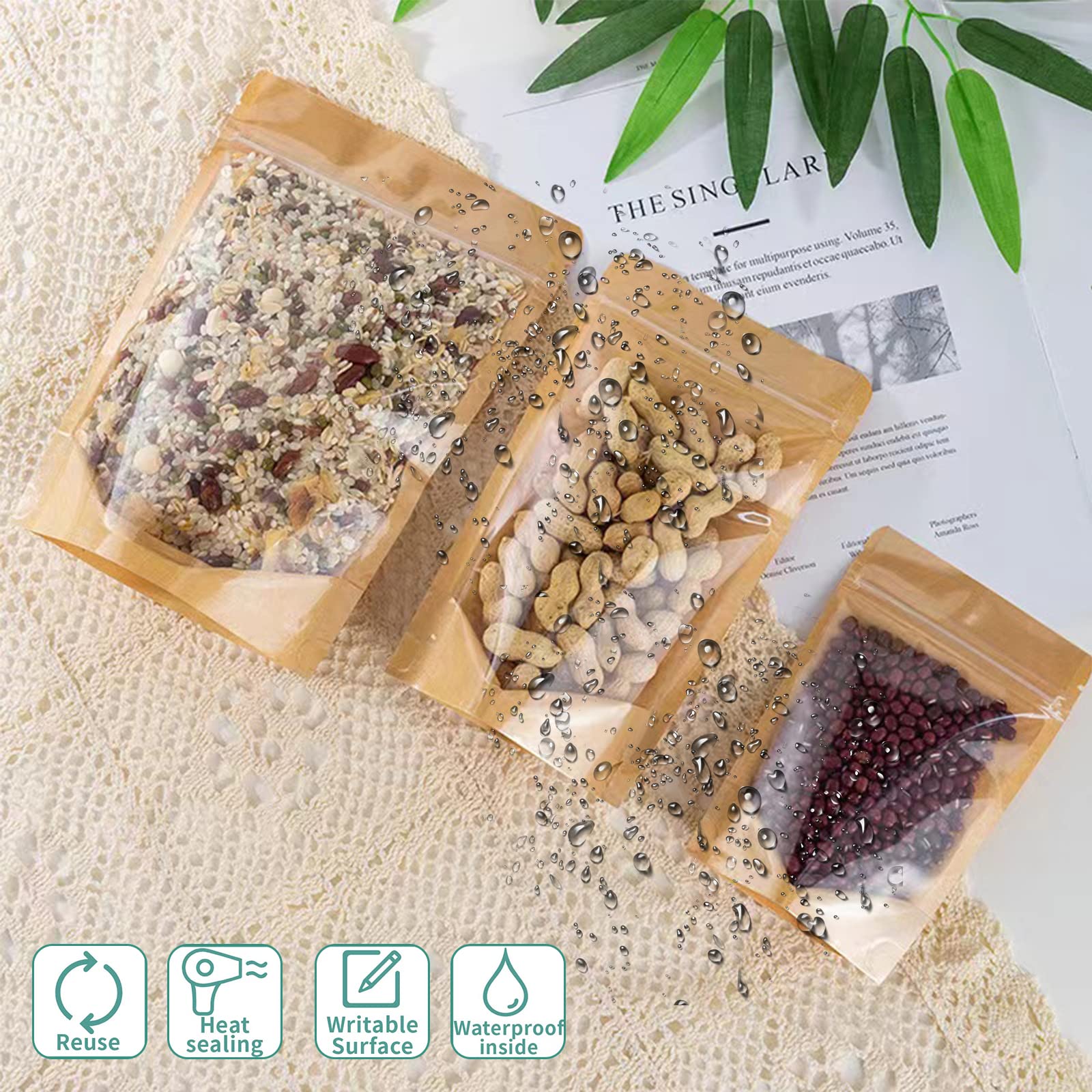 Lot de 100 pochettes en papier kraft avec fenêtre transparente, réutilisables et refermables pour aliments, grains de café, collations - 20,3 x 30,5 cm