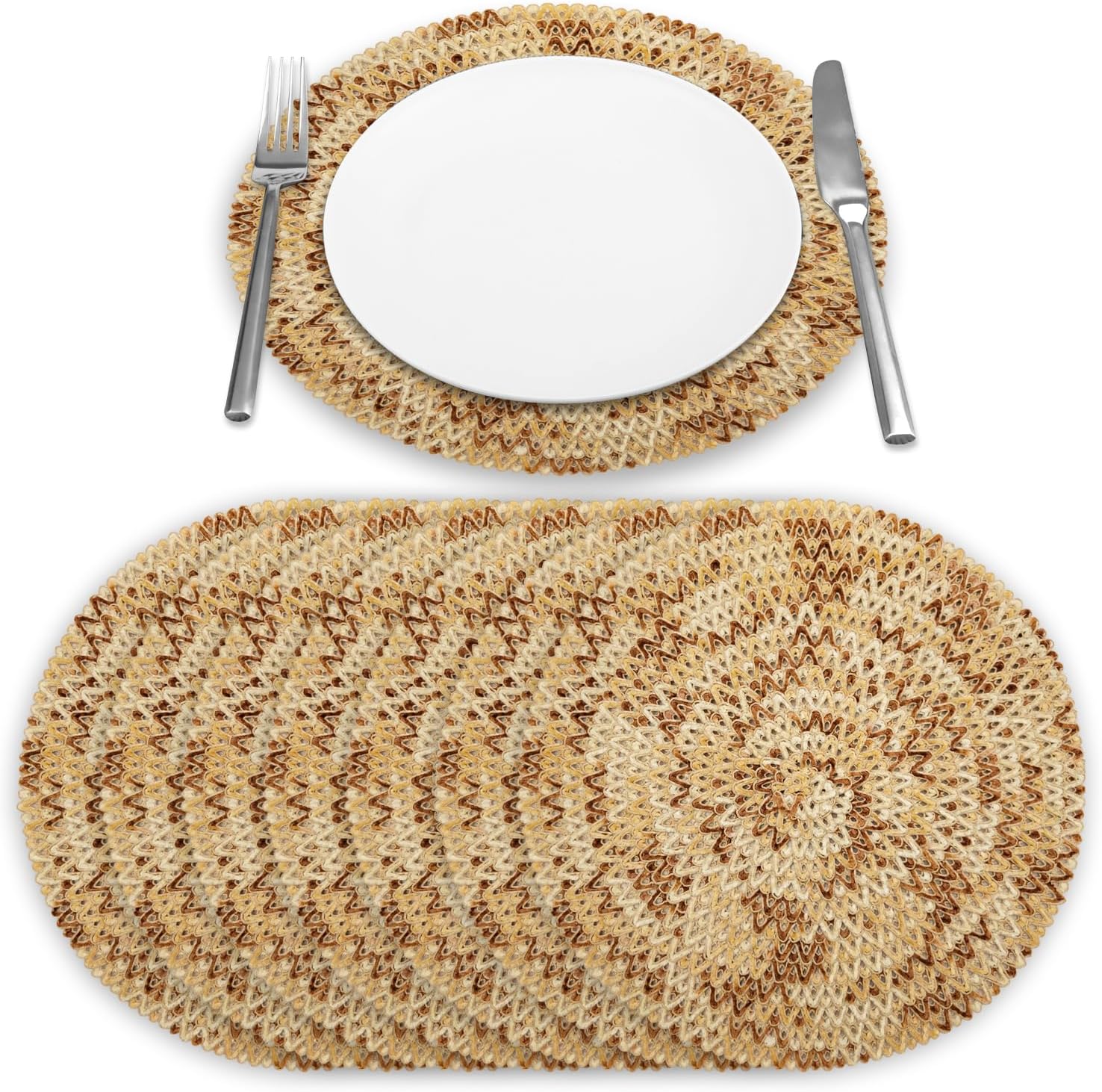 Bohemian Frenzy Set of 6 Placemats for Dining Table & Kitchen - 15" Round, Hand Woven Chenille Tie-Dye, Durable, Heat Resistant, Washable, Natural, Modern Table Mats for Everyday Use