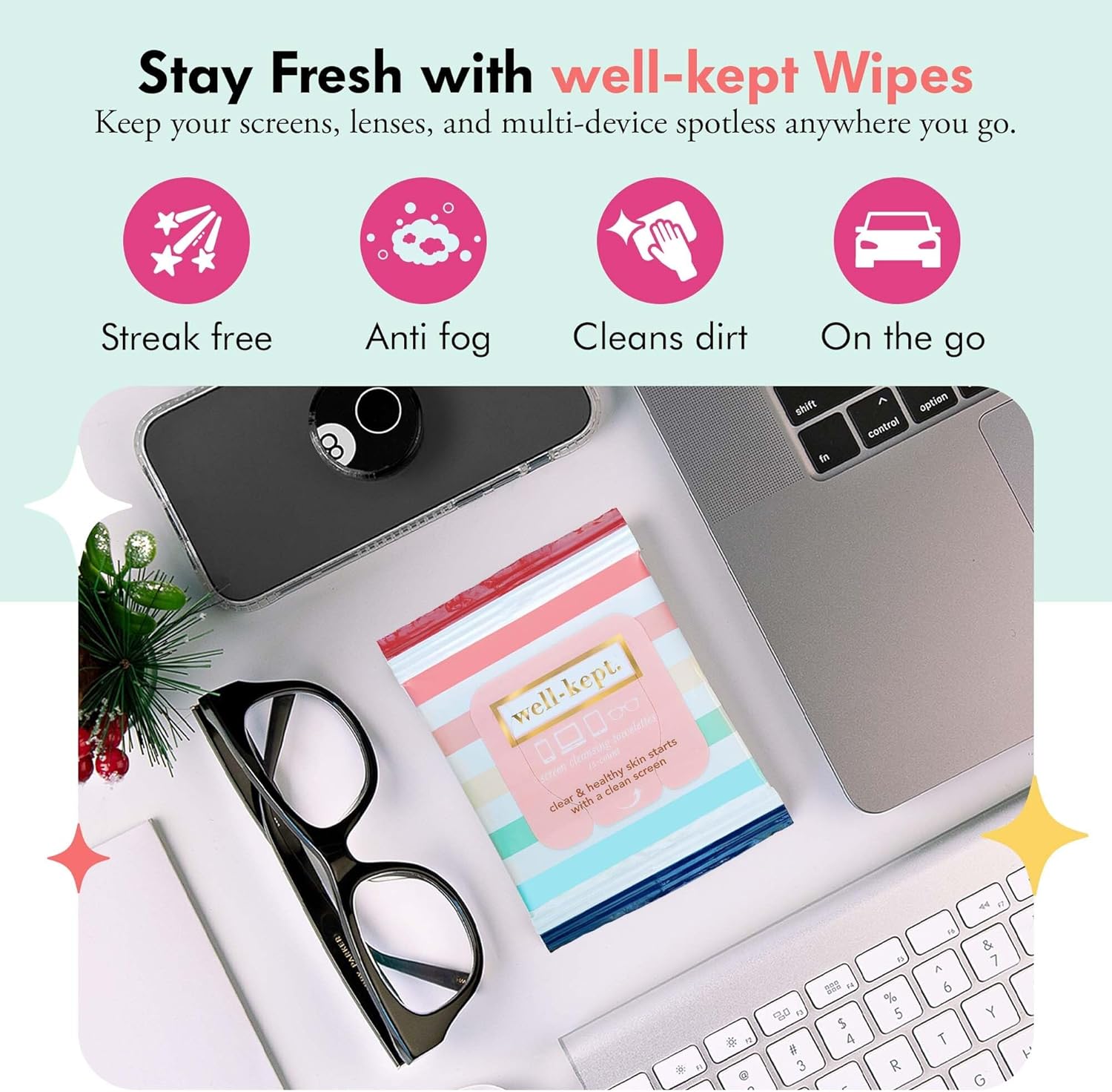 Well-Kept Tech & Lens Wipes - Eyeglass, Screen & Phone Cleaning, Multi-Surface, Lint-Free, Pre Moistened, Streak-Free & Non Scratching - Better Days, 12 Pack (180 Count)