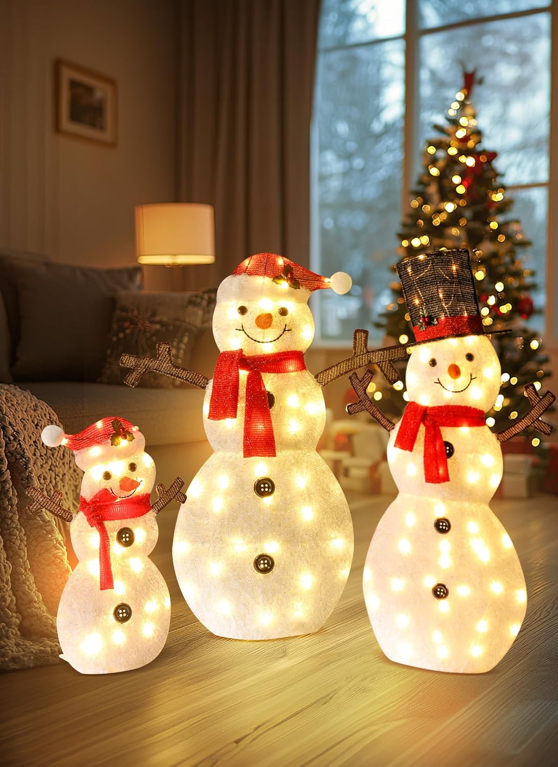 Brightown Snowman Christmas Decorations Outdoor, 3-Piece 48/36/24in 2D Light up Snowman Family, Furry Snowman Decor with 135LED Lights for Outside Indoor Xmas Yard Garden Home Lawn Backyard Party Gift