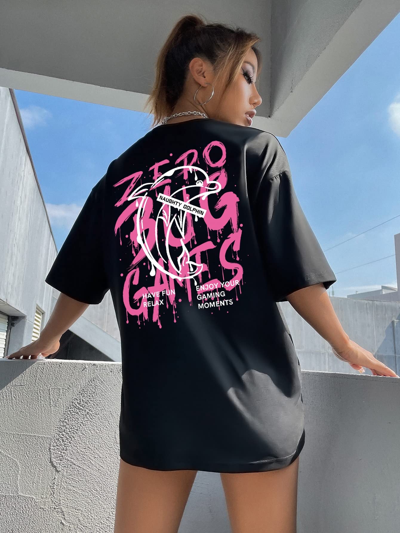 CYBERKCYBERK Womens tees Dolphin & Slogan Graphic Drop Shoulder Tee (Color : Black, Size : S)