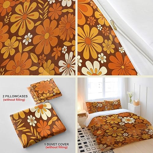 Miniatura 2 de Juego de funda de edredón floral retro tamaño Queen, juego de cama de flores de los años 70, funda de edredón floral marrón con 2 fundas de