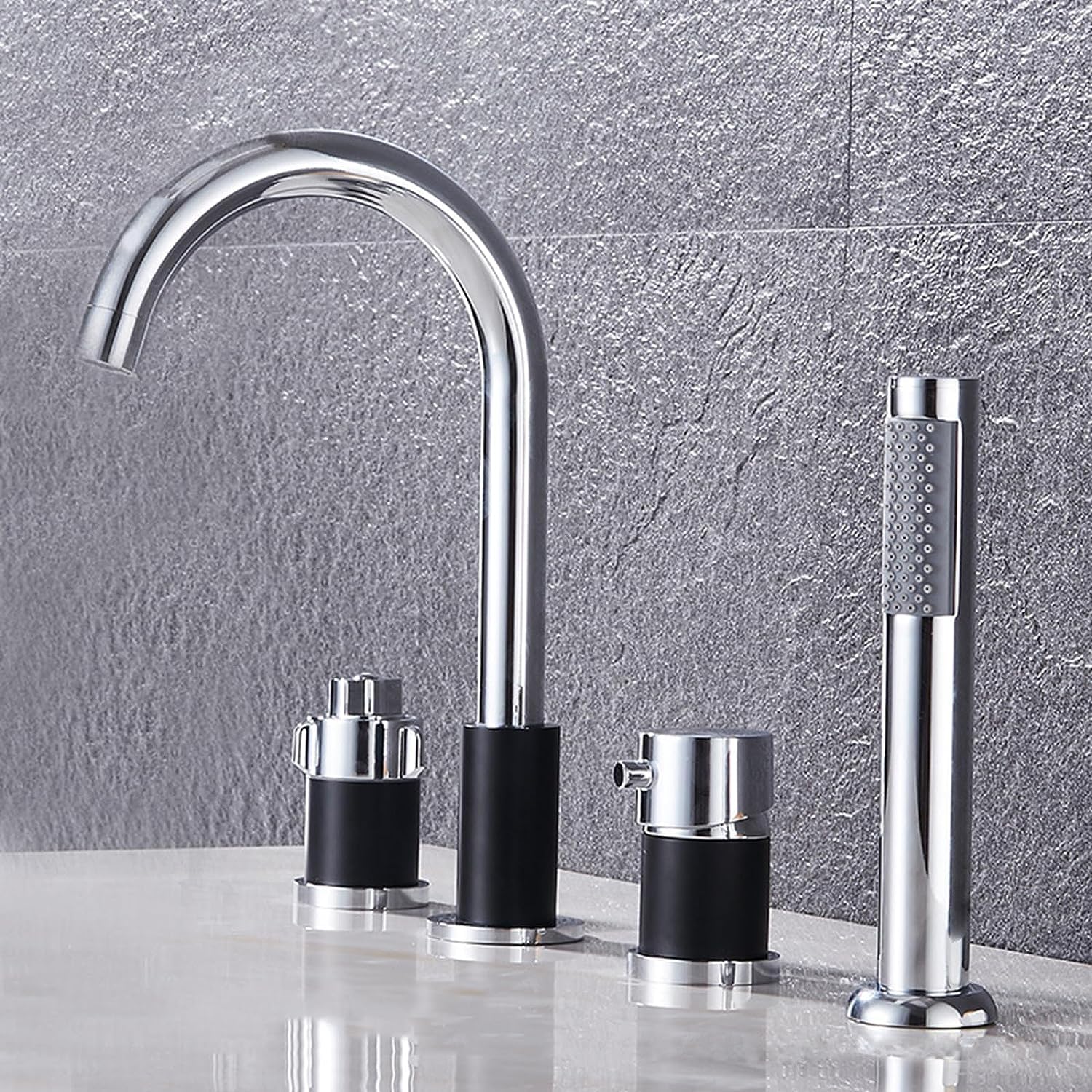 Miscelatore Doccia Termostatico 4 Fori Rubinetto Miscelatore per Vasca da Bagno, Rubinetteria Doccia Nero+Cromo