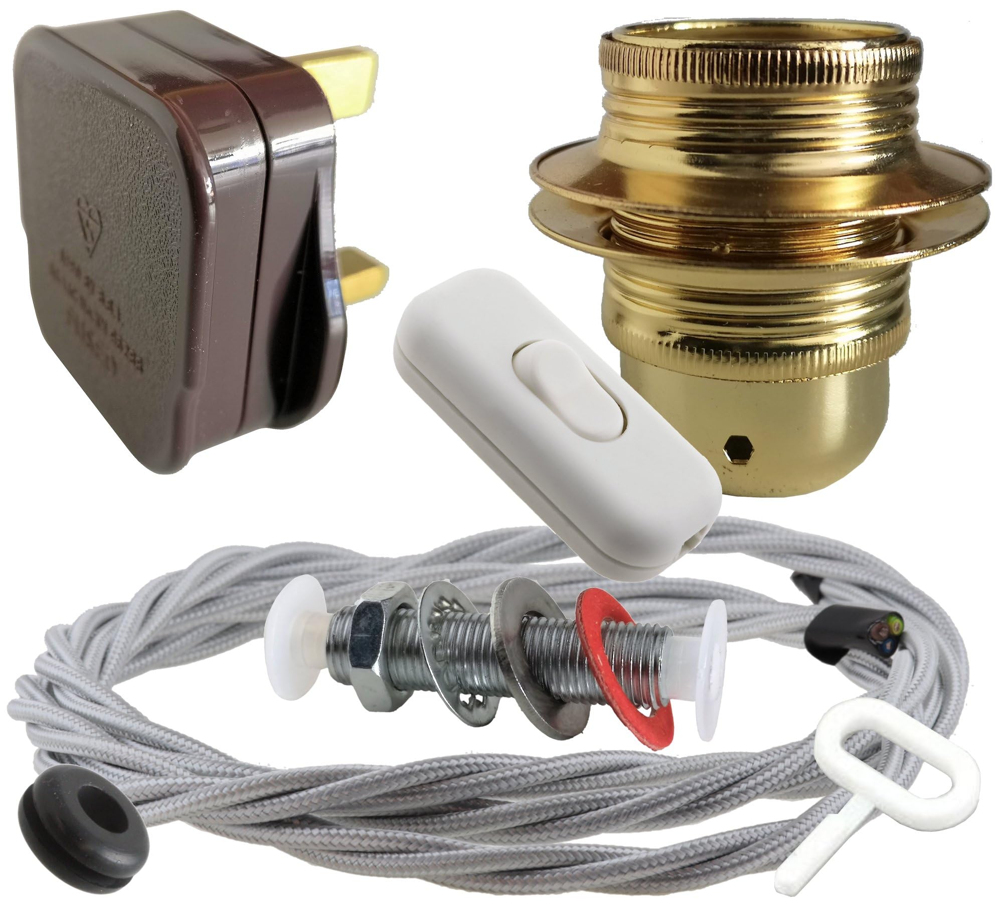 Art Deco Emporium Lamp Repair and Service Kit|Brown Plug|Silver Flex|White Switch|E27 Brass Finish Lamp Holder Holder