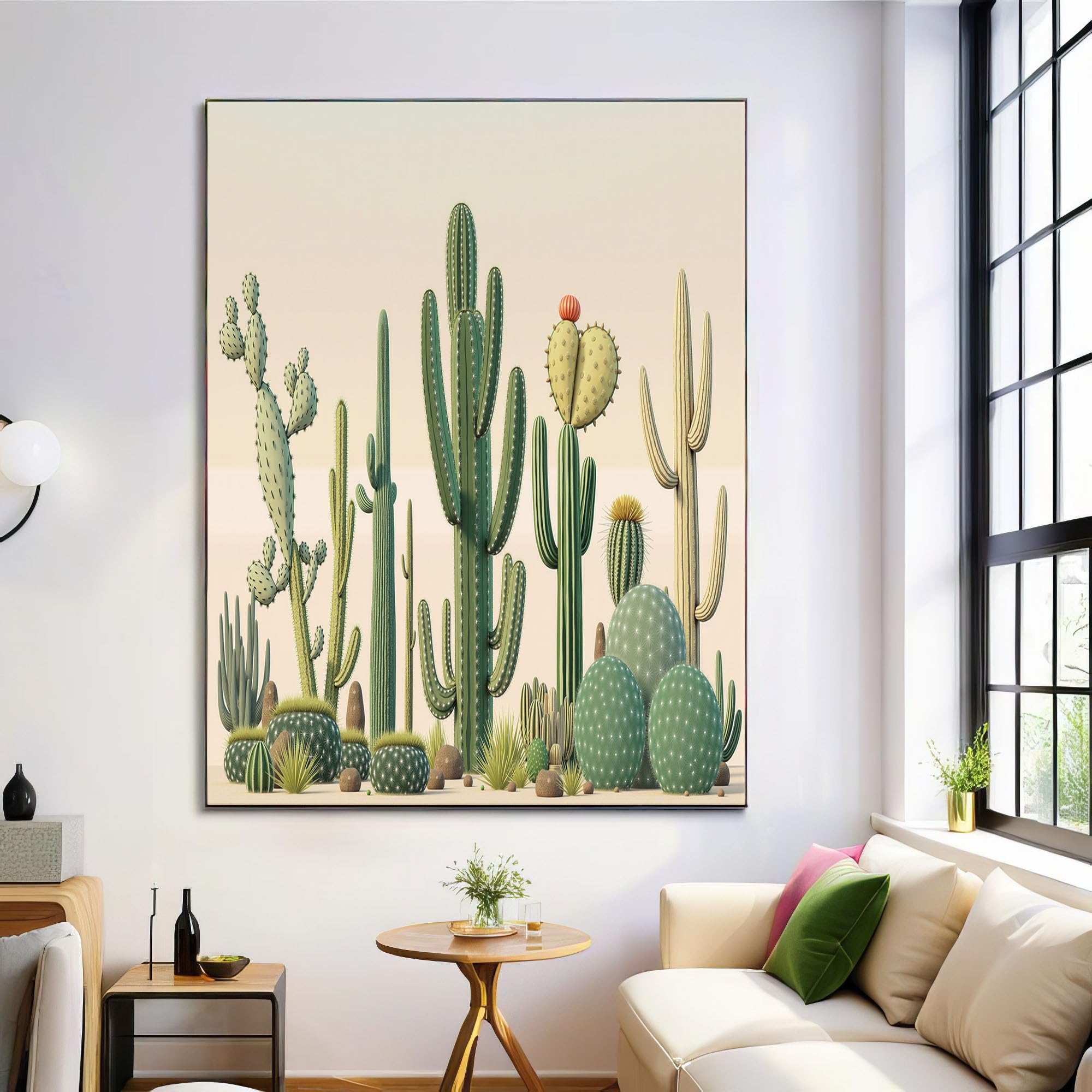 CDXNORA Impression sur Toile Plantes Illustrations, Vert Tableau Murale, Désert Cactus Photo sur Toile Tableau Decoration Murale, Pour Salon Couloir Salle de Bains WC, 60x80 cm