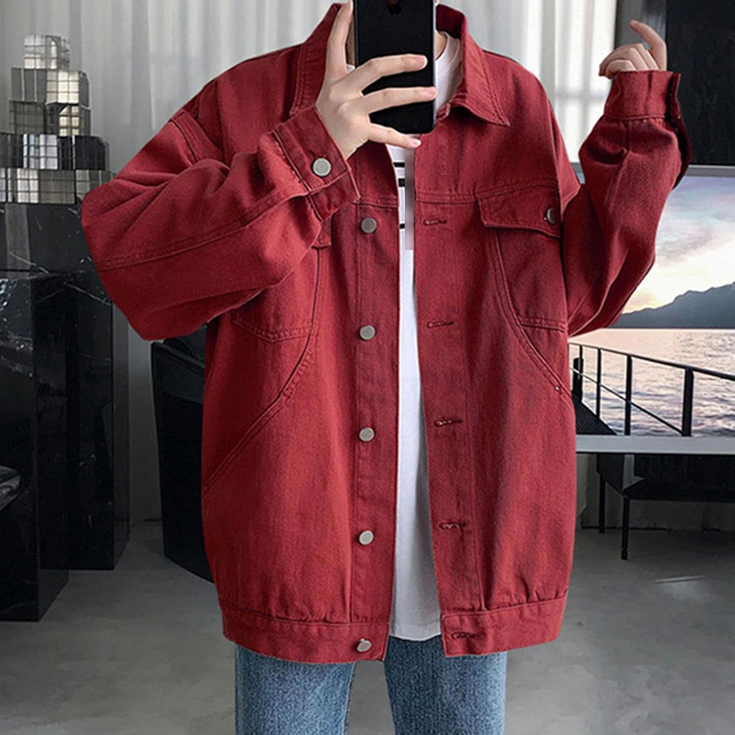 Mens Flap Pockets Jean Jacket Shirts Men Long Sleeve Denim Jackets Casual Jean Shirt Jacket For Men