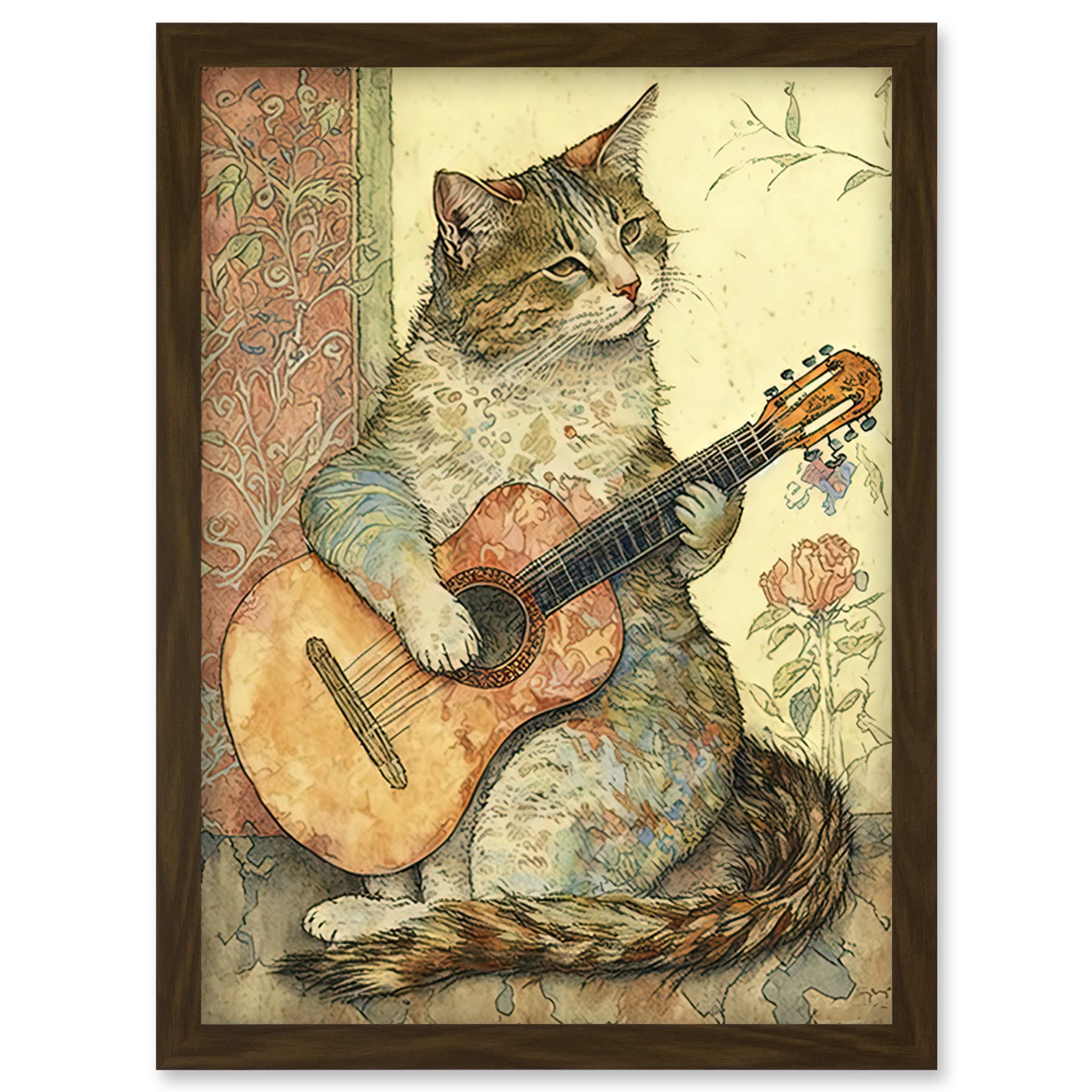 Artery8 Street Musician Cat with Guitar by Flower Pattern Mural Pastel Watercolour Illustration Artwork Framed Wall Art Print A4