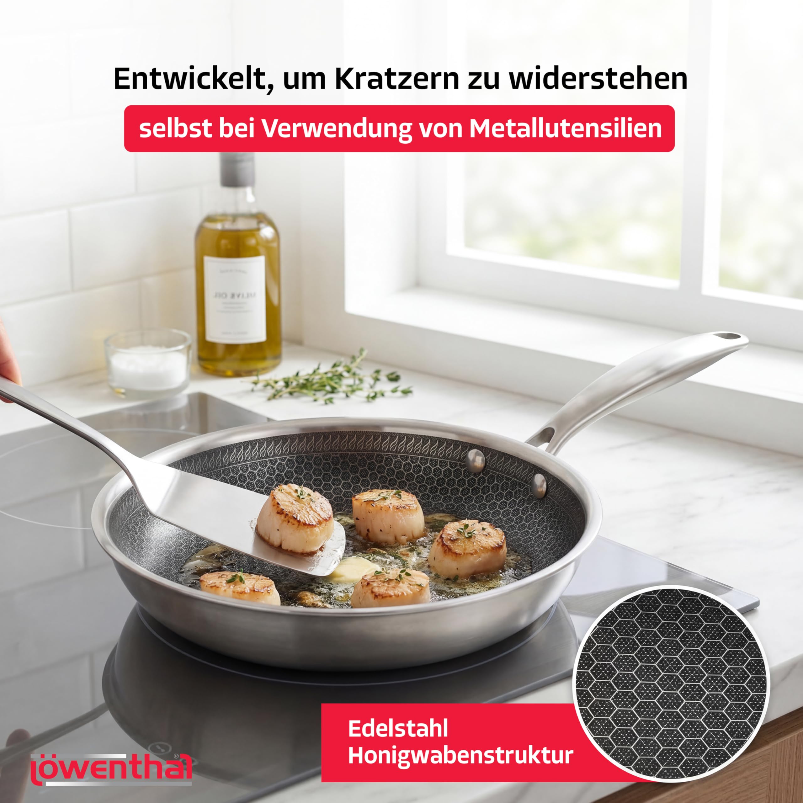Löwenthal® Bratpfanne 28 cm | Edelstahl Pfanne mit Wabenstruktur | Keramische Antihaftbeschichtung | Kratzfest | PFAS- & PTFE-frei | Induktion alle Herdarten | Spülmaschinenfest | Backofenfest 280°C