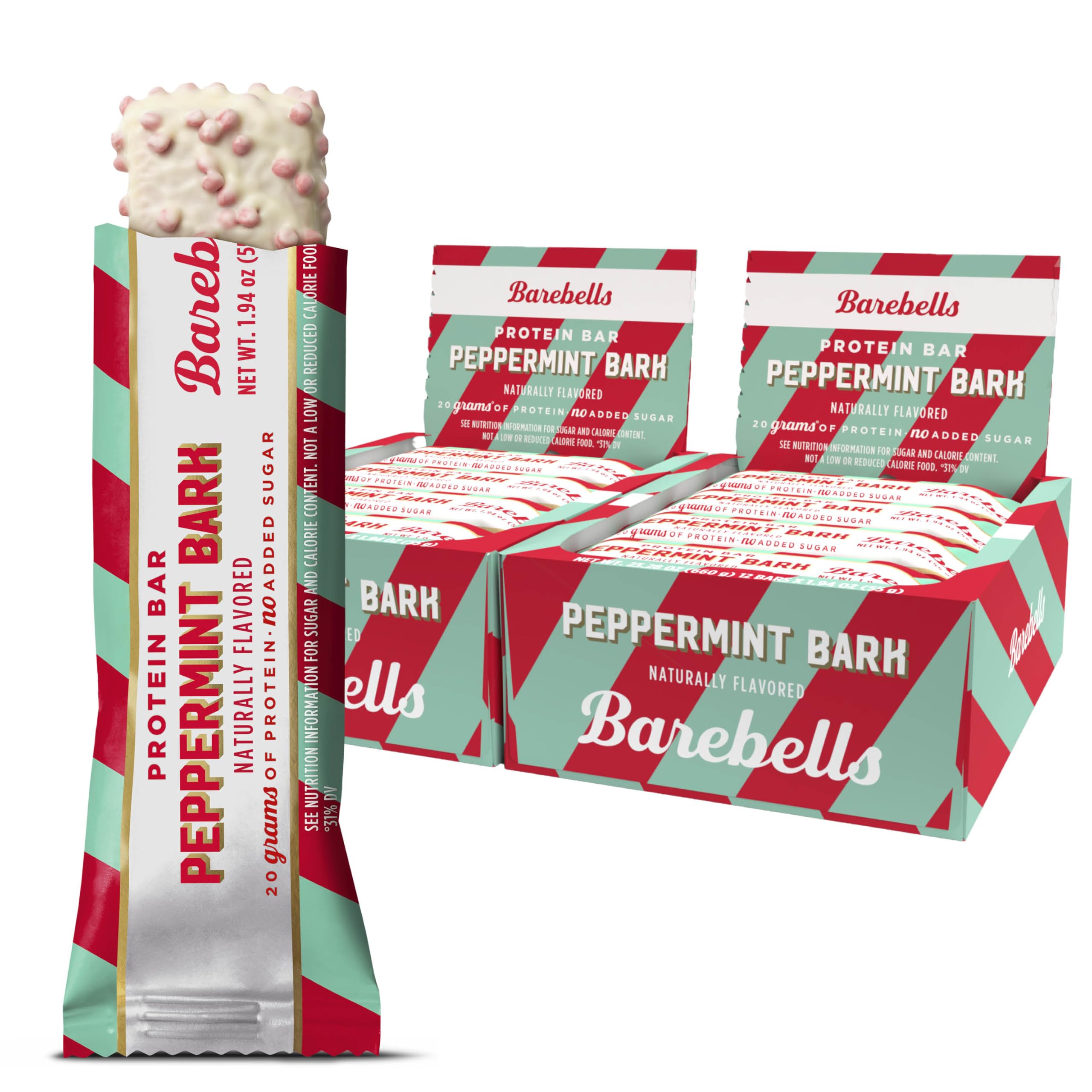 BAREBELLS Peppermint Bark Protein Bars 24 Count Snack Food Bar | Festive Limited Edition Imported Snack - main product image