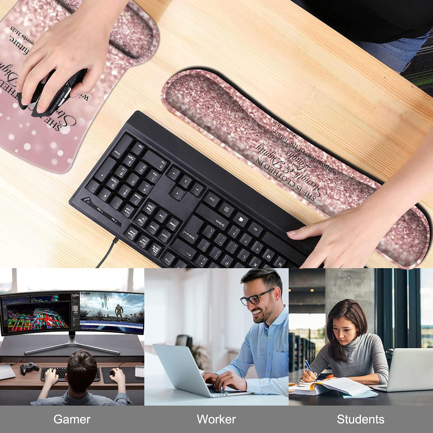 Keyboard Wrist Rest Pad and Ergonomic Mouse Pad Wrist Support Set Proverbs 31:25 Bible Verse Pink Design for Gaming, Office, Comfortable and Pain Relief with Coaster Set