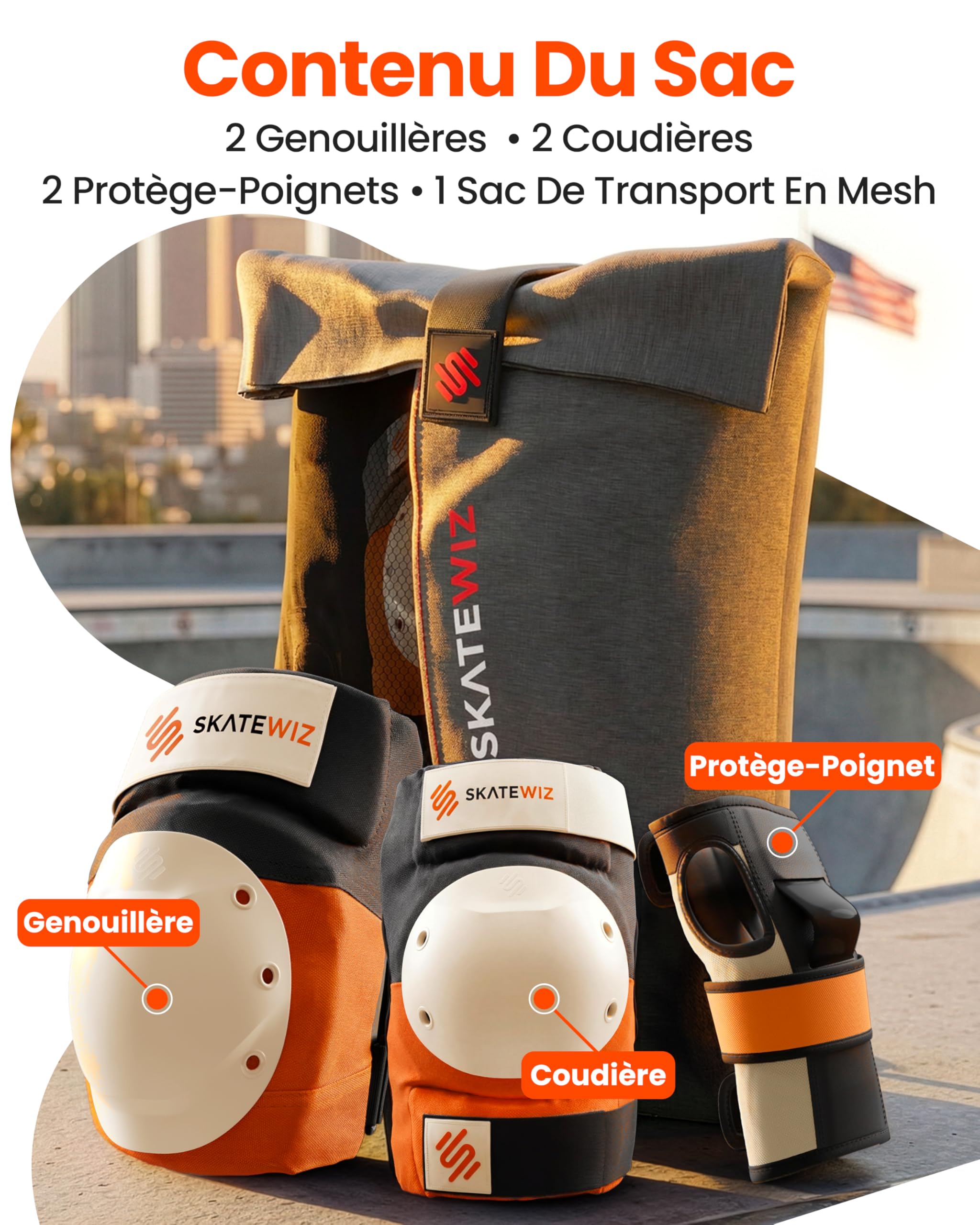 SKATEWIZ Équipement de Protection Patineur Professionnel 6 pièces Manches Néoprène