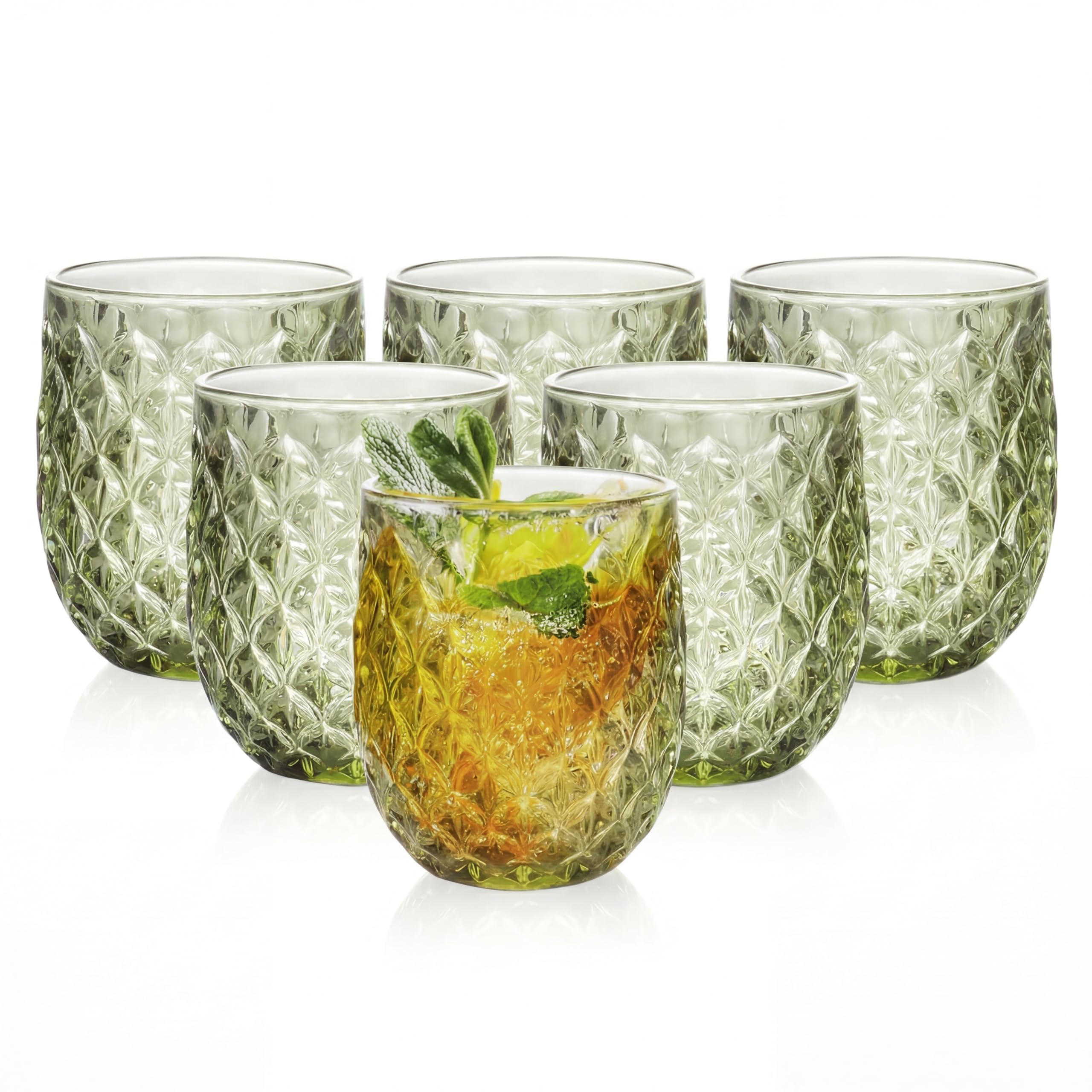 Drinking Glasses Set of 6 - 360ml/12oz Vintage Tumbler Glasses - Decorative Floral Embossed Water Glasses - Heavy Duty Glassware Beverages Tumblers for Whisky, Beer, Juice, Wine (Upgraded - Green)