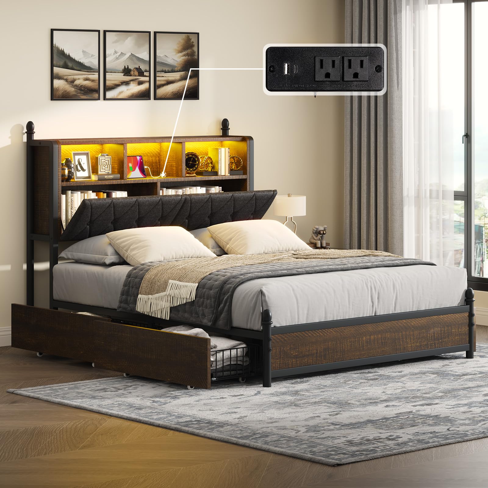 LUXOAK Full Bed Frame with 3-Tier Storage Headboard, LED & Charging Station Metal Platform Bed with 4 Storage Drawers, Hidden Areas, Noise-Free/No Box