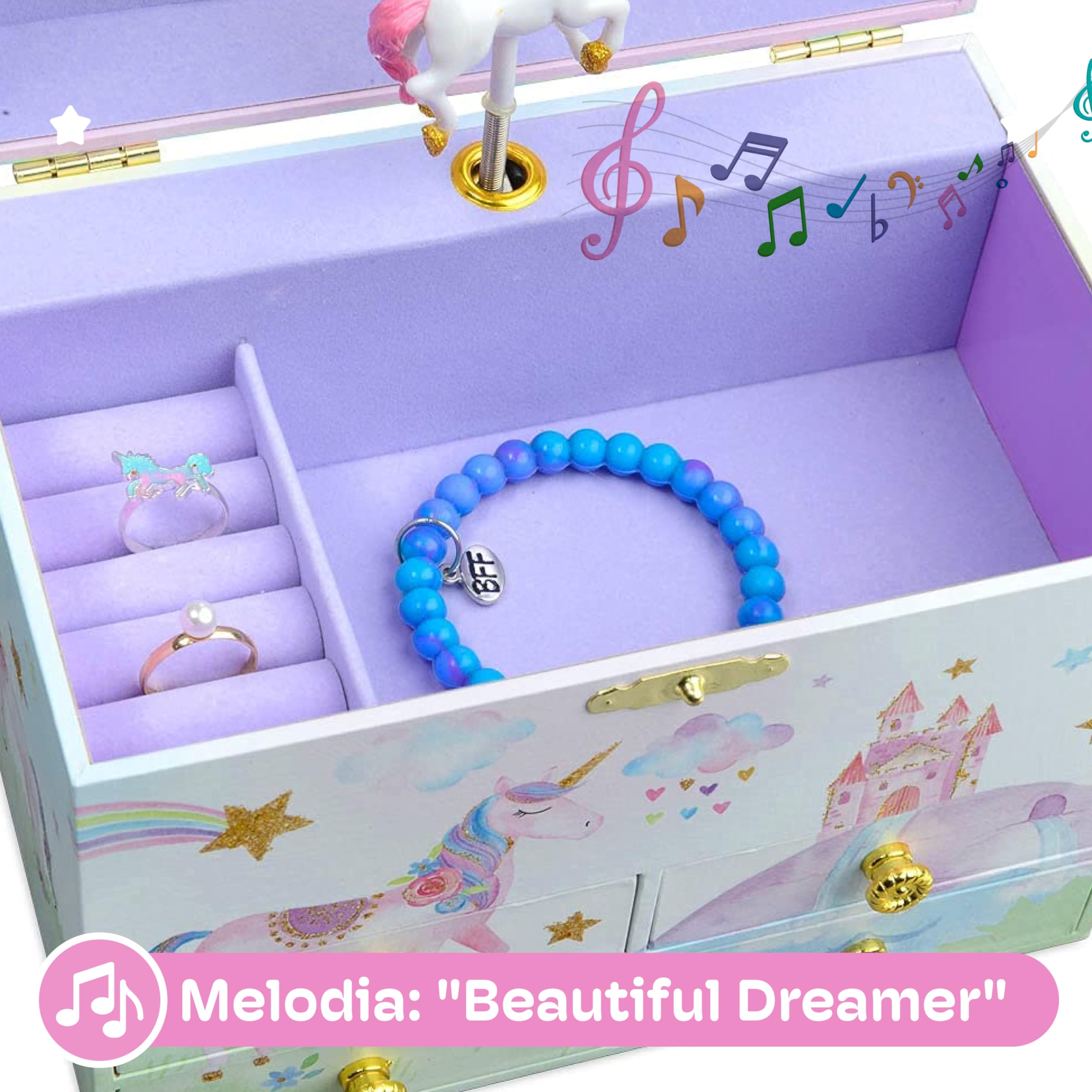 Jewelkeeper - Carillon portagioielli con Unicorno, arcobaleno e stelle glitterato da regalo: grande, con 4 cassetti estraibili - Melodia dell'Bel sognatore